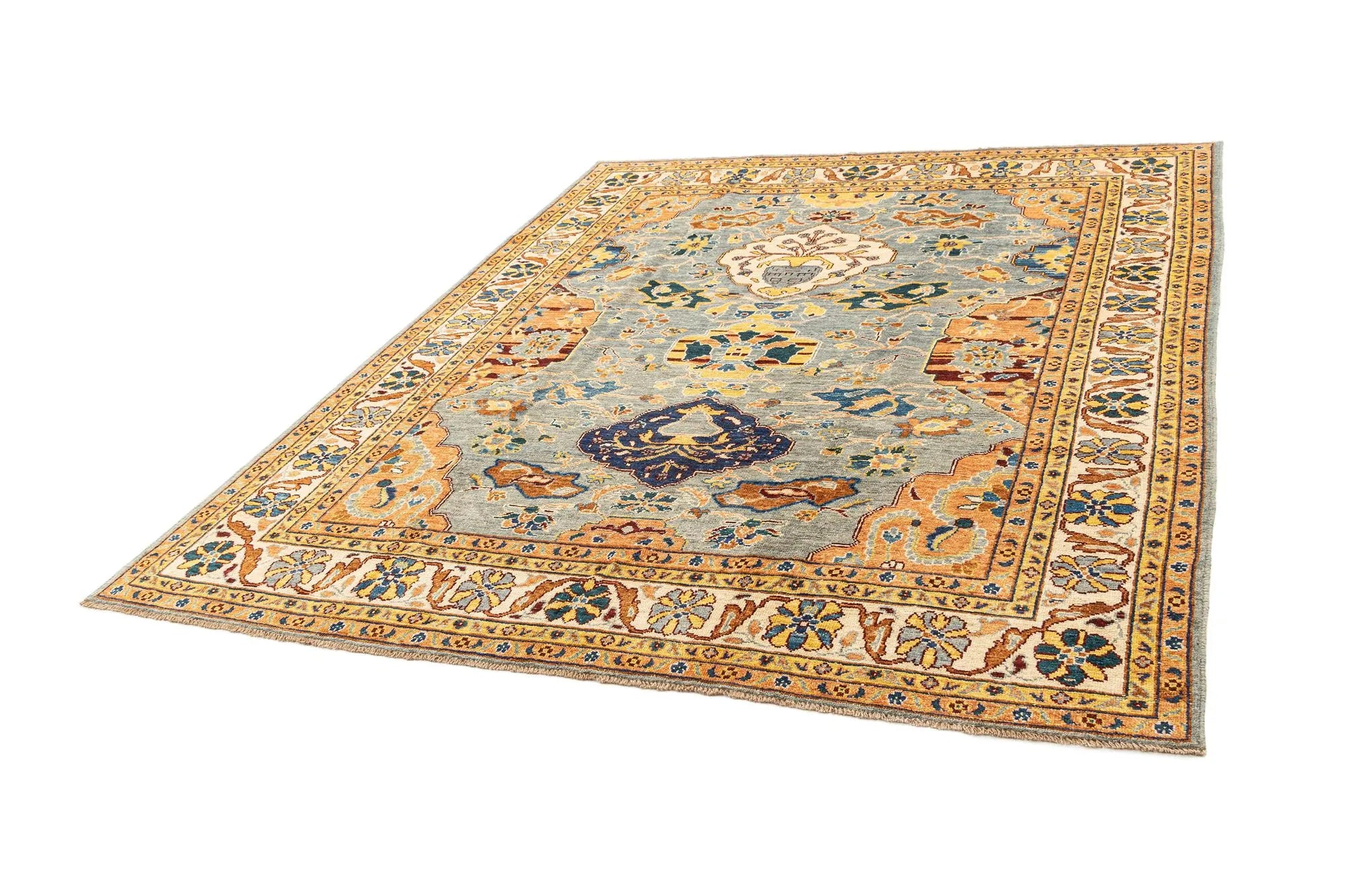 Grey & Gold Color Oushak Hand-Knotted Wool Rug