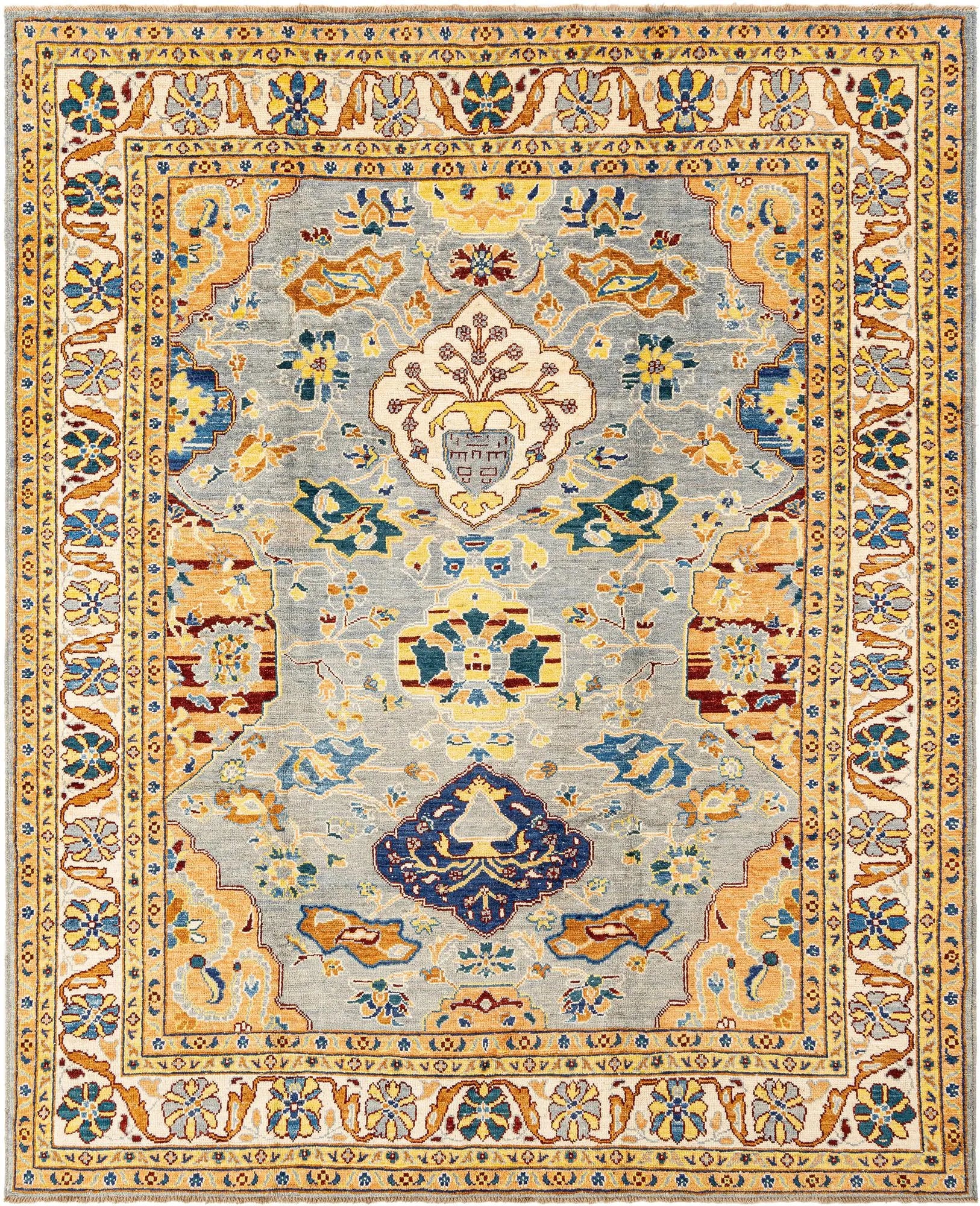 Grey & Gold Color Oushak Hand-Knotted Wool Rug