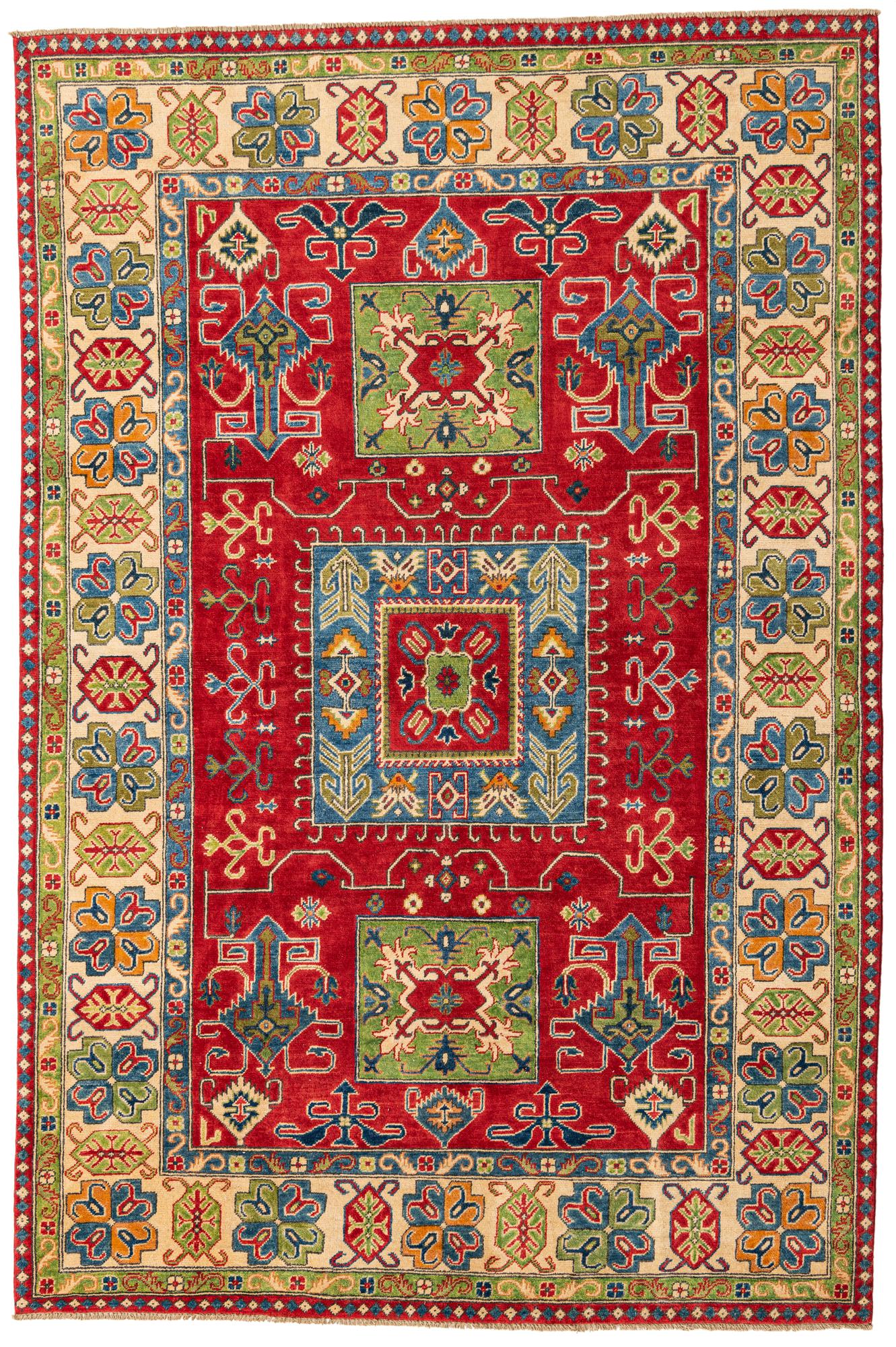 Red Color Kazak Hand-Knotted Wool Rug