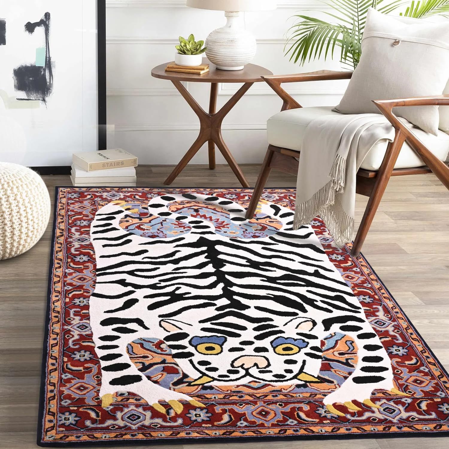 Handmade Hand-Tufted Wool Rug – Tibetan Tiger Design with Oriental Border
