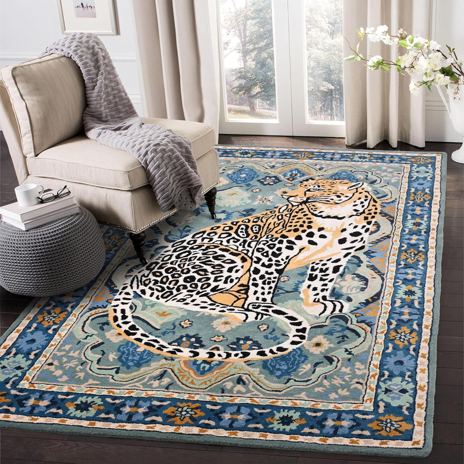 Majestic Leopard Hand-Tufted Wool Rug – Exotic Elegance in Blue & Gold