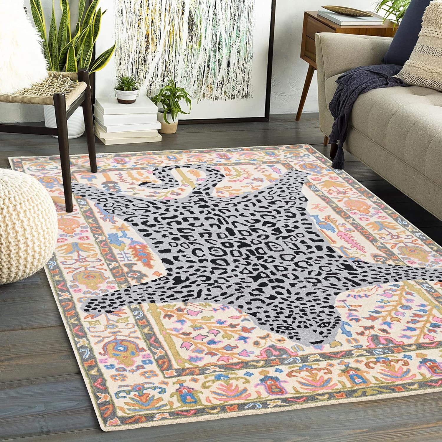 Handmade Leopard Skin Rug – Wool Animal Motif Area Rug with Persian Floral Border