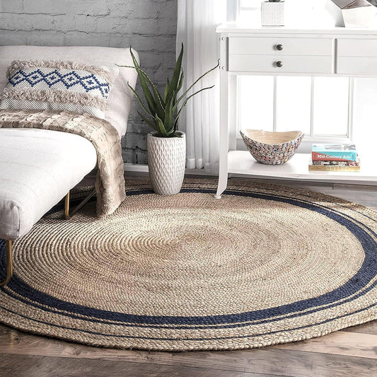 Natural Beige & Black Border Round Handmade Braided Jute Rug
