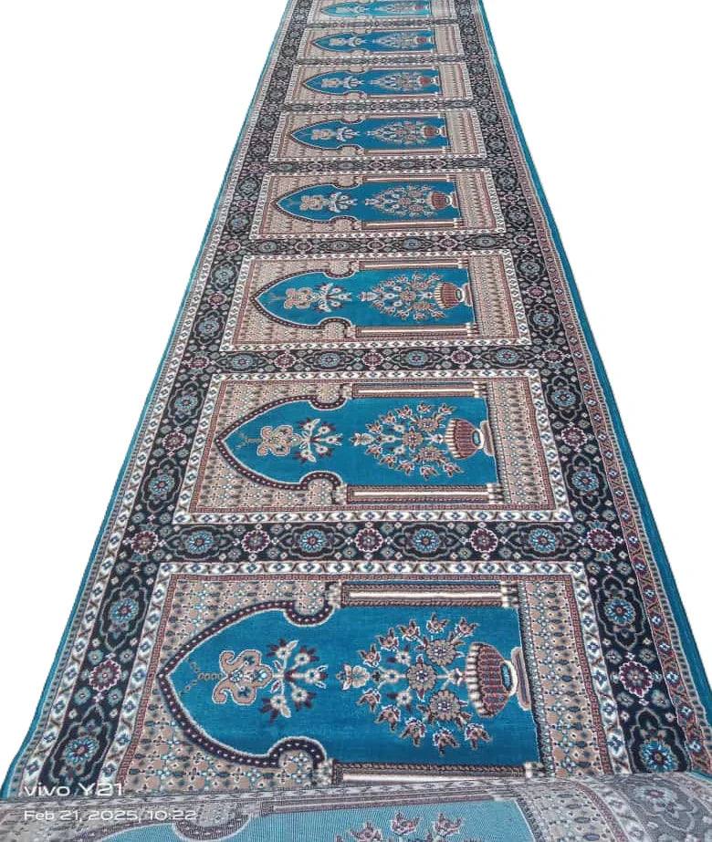 Blue mosque prayer mat janamaz rug with floral mehraab design from Bhadohi Carpets House