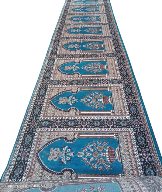 Blue mosque prayer mat janamaz rug with floral mehraab design from Bhadohi Carpets House