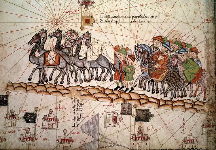 Historic Silk Road caravan with camels and riders on ancient map illustration, Bhadohi Carpets House
