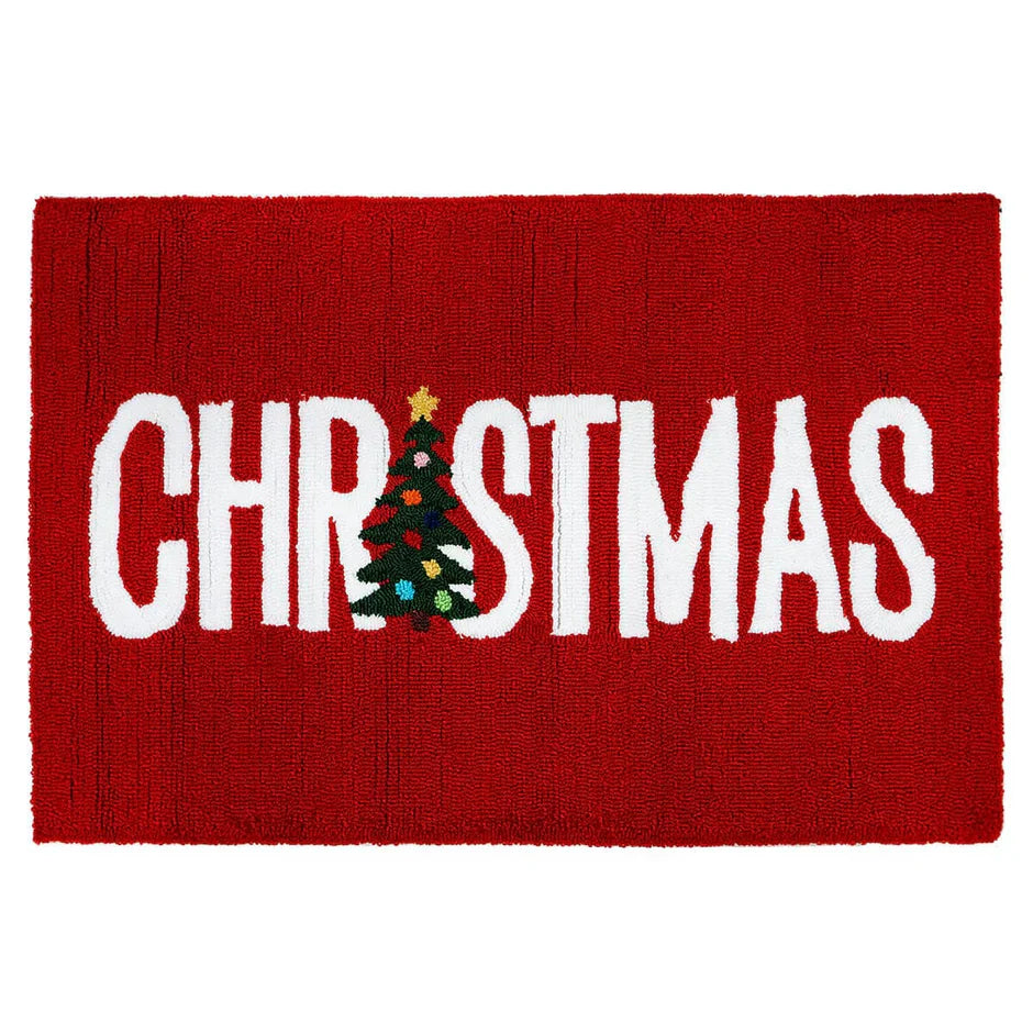 Red washable Christmas rug with white text and a decorated Christmas tree, Bhadohi Carpets House
