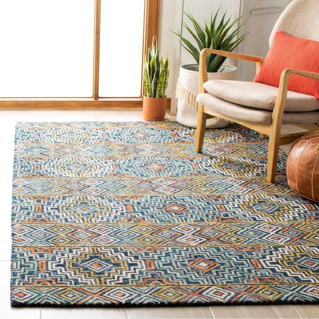 Geometric blue and orange rug in modern living room, Bhadohi Carpets House premium carpet.