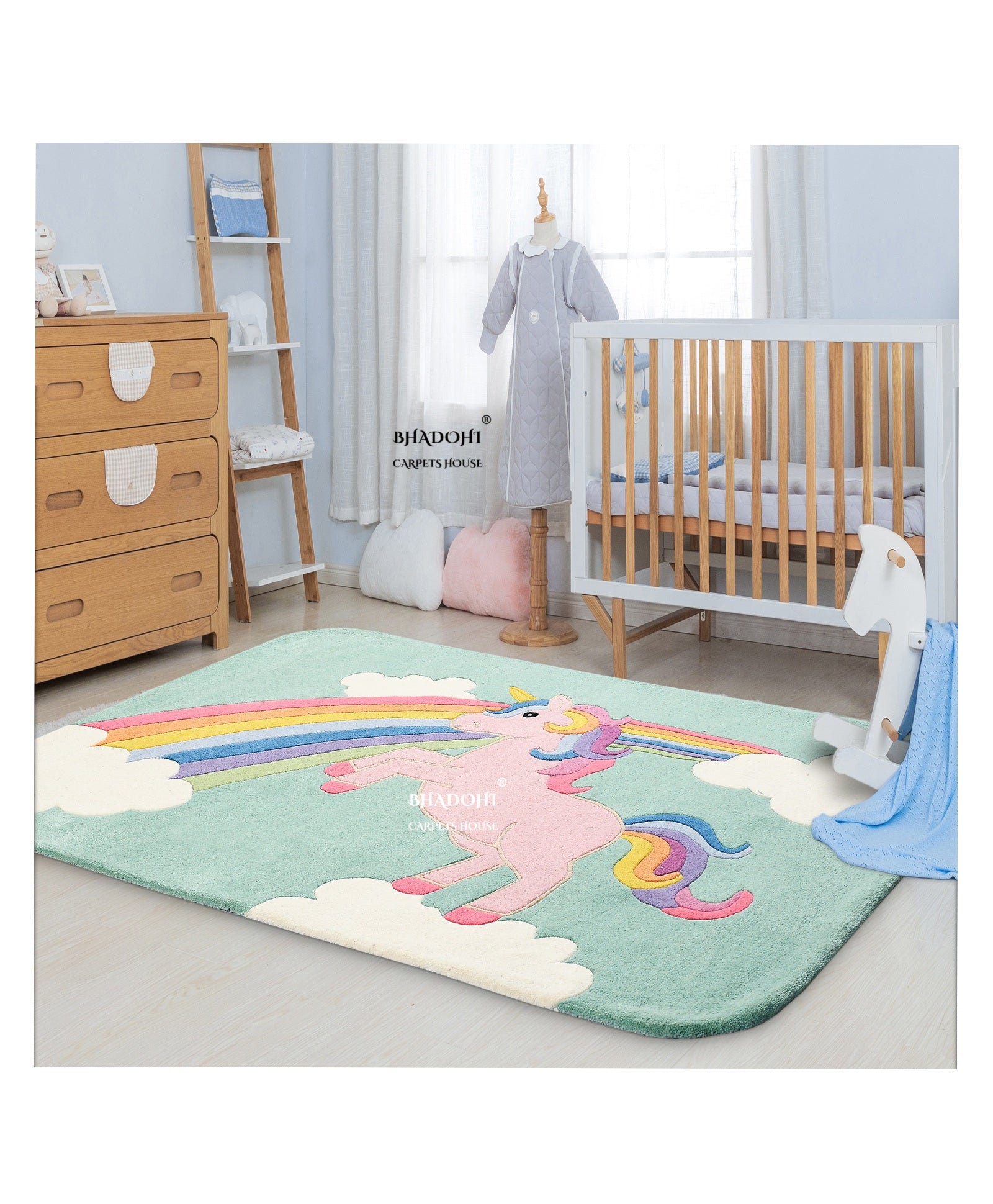 Green Unicorn – Handmade Wool Nursery Rug, Baby Room, Kid’s Room, Playroom, Child’s Space Area Rug, Toddler Bedroom Carpets – Perfect for Children's Room Décor
