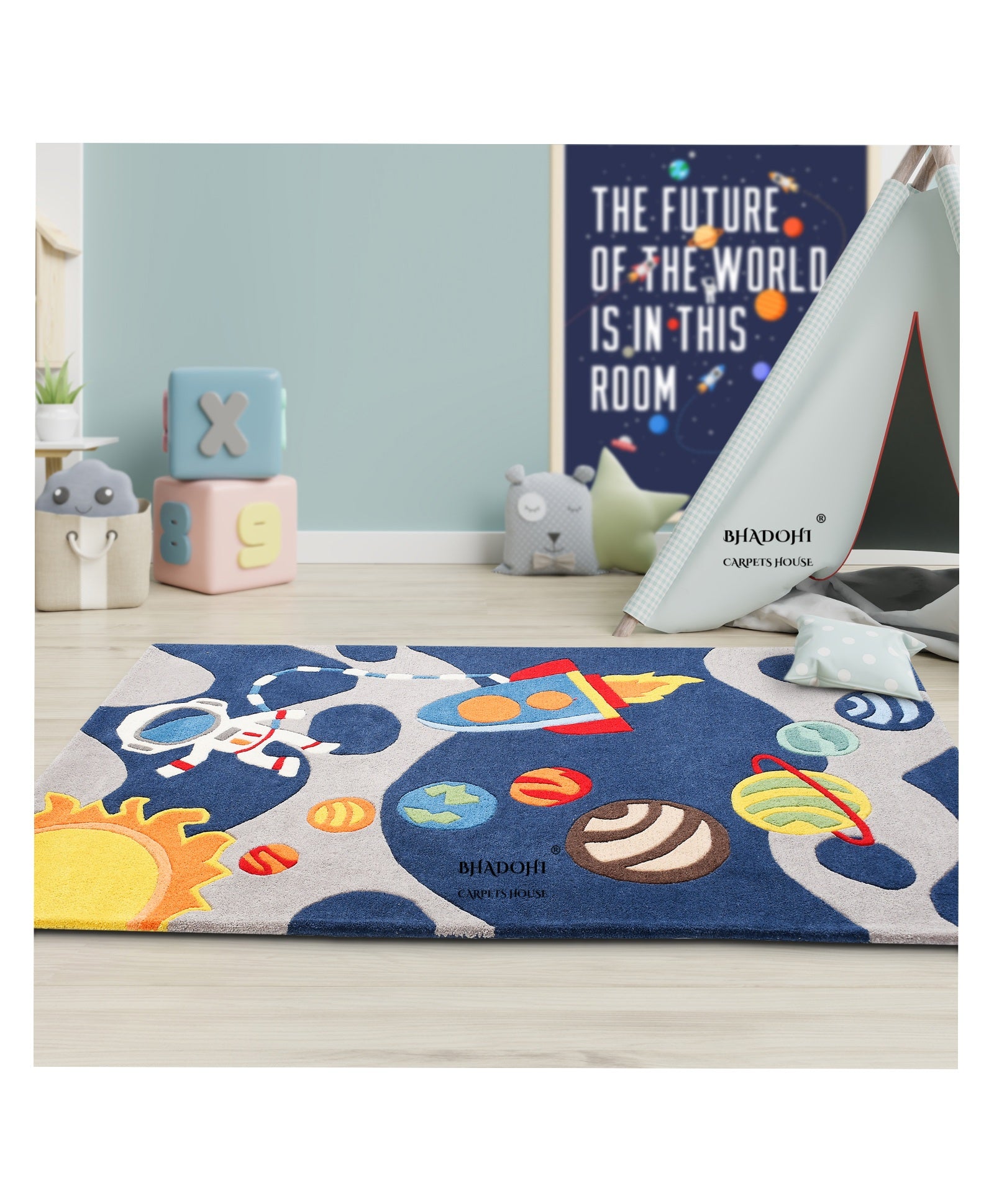Blue Spaceship – Handmade Wool Nursery Rug, Baby Room, Kid’s Room, Playroom, Child’s Space Area Rug, Toddler Bedroom Carpets – Perfect for Children's Room Décor