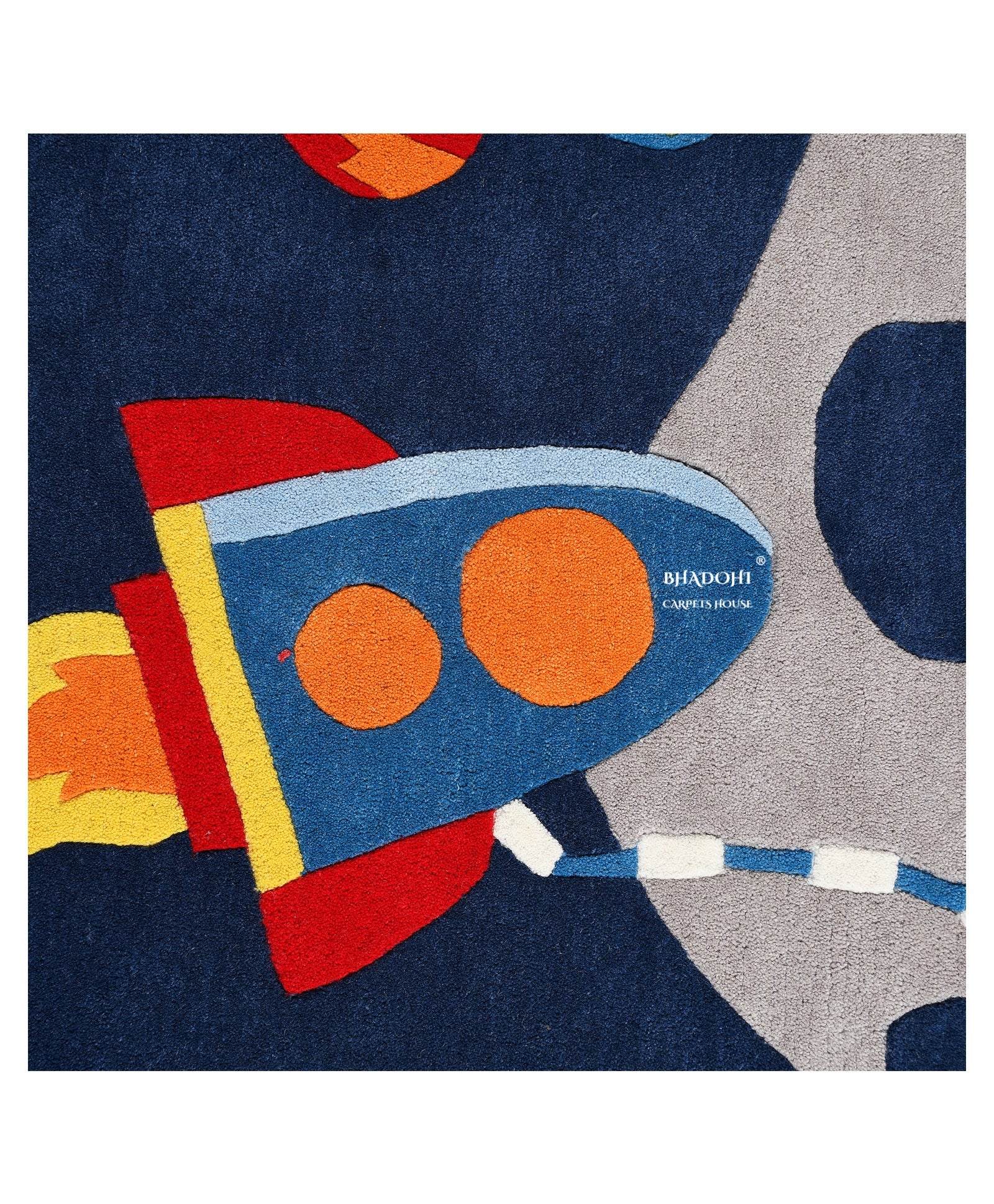 Blue Spaceship – Handmade Wool Nursery Rug, Baby Room, Kid’s Room, Playroom, Child’s Space Area Rug, Toddler Bedroom Carpets – Perfect for Children's Room Décor