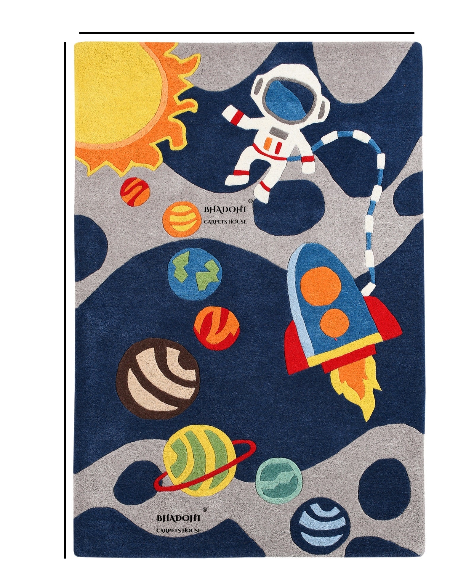Blue Spaceship – Handmade Wool Nursery Rug, Baby Room, Kid’s Room, Playroom, Child’s Space Area Rug, Toddler Bedroom Carpets – Perfect for Children's Room Décor