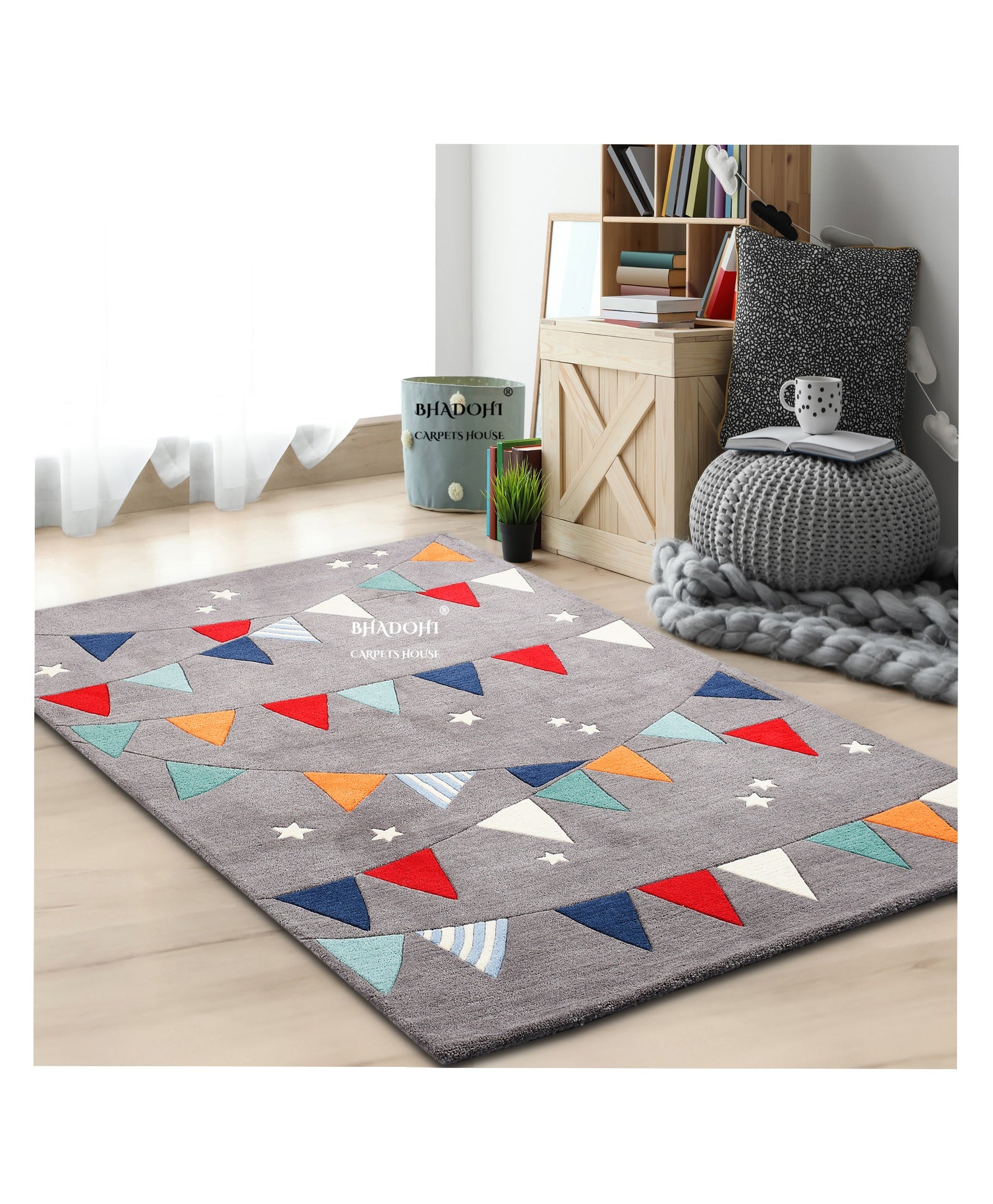 Grey Flags – Handmade Wool Nursery Rug, Baby Room, Kid’s Room, Playroom, Child’s Space Area Rug, Toddler Bedroom Carpets – Perfect for Children's Room Décor
