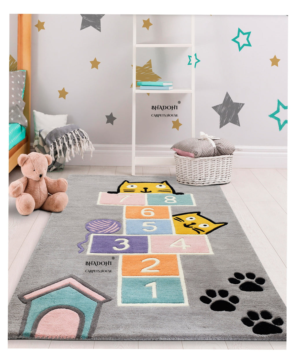 Grey Hopscotch – Handmade Wool Nursery Rug, Baby Room, Kid’s Room, Playroom, Child’s Space Area Rug, Toddler Bedroom Carpets – Perfect for Children's Room Décor