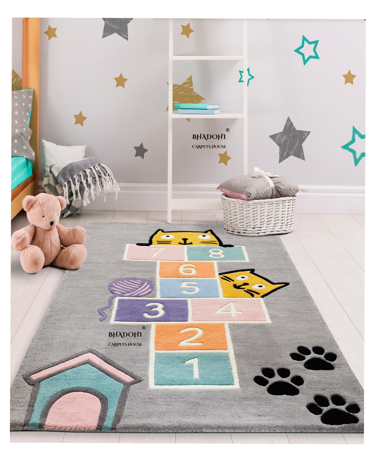 Grey Hopscotch – Handmade Wool Nursery Rug, Baby Room, Kid’s Room, Playroom, Child’s Space Area Rug, Toddler Bedroom Carpets – Perfect for Children's Room Décor