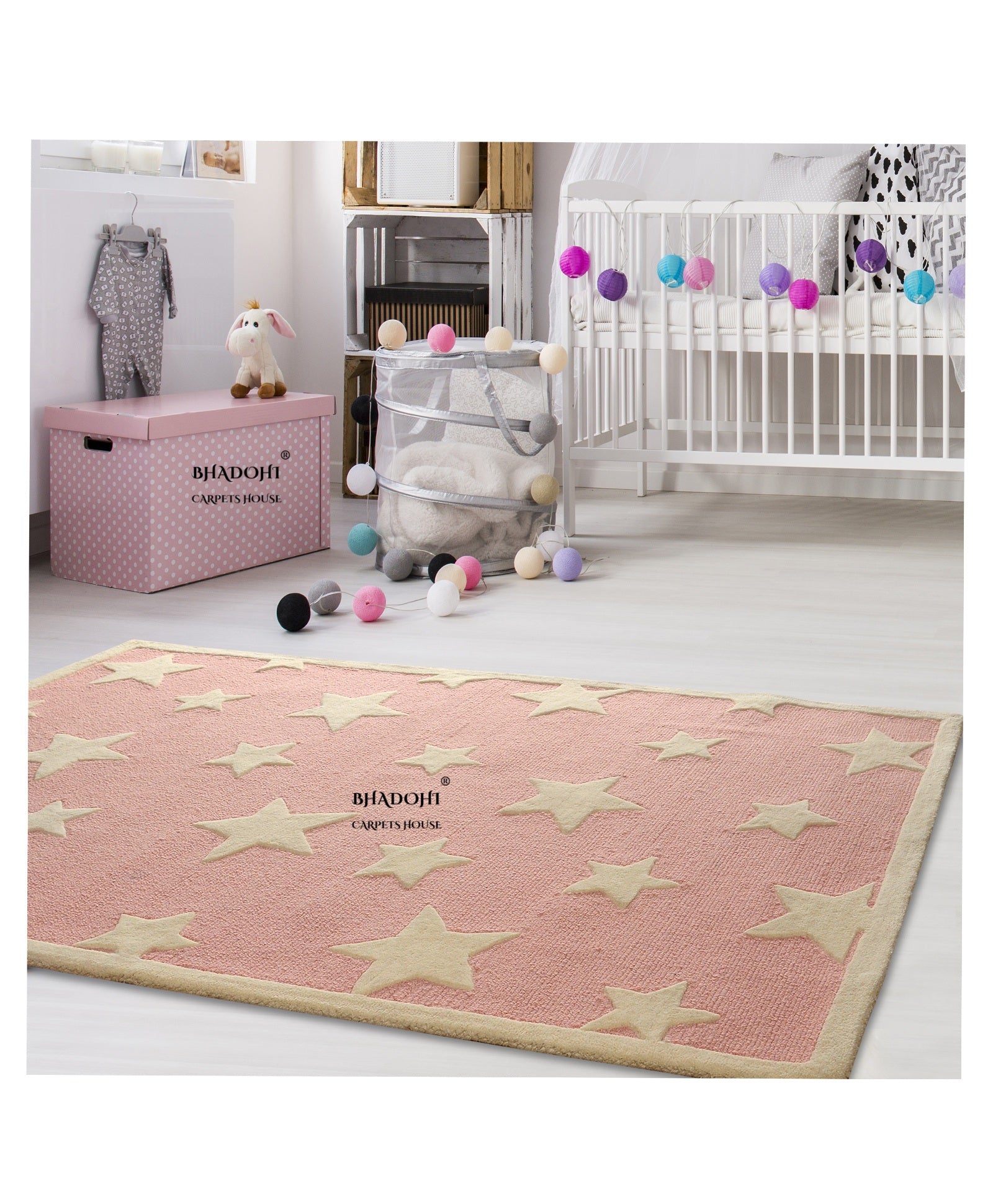 Pink Stars – Handmade Wool Nursery Rug, Baby Room, Kid’s Room, Playroom, Child’s Space Area Rug, Toddler Bedroom Carpets – Perfect for Children's Room Décor