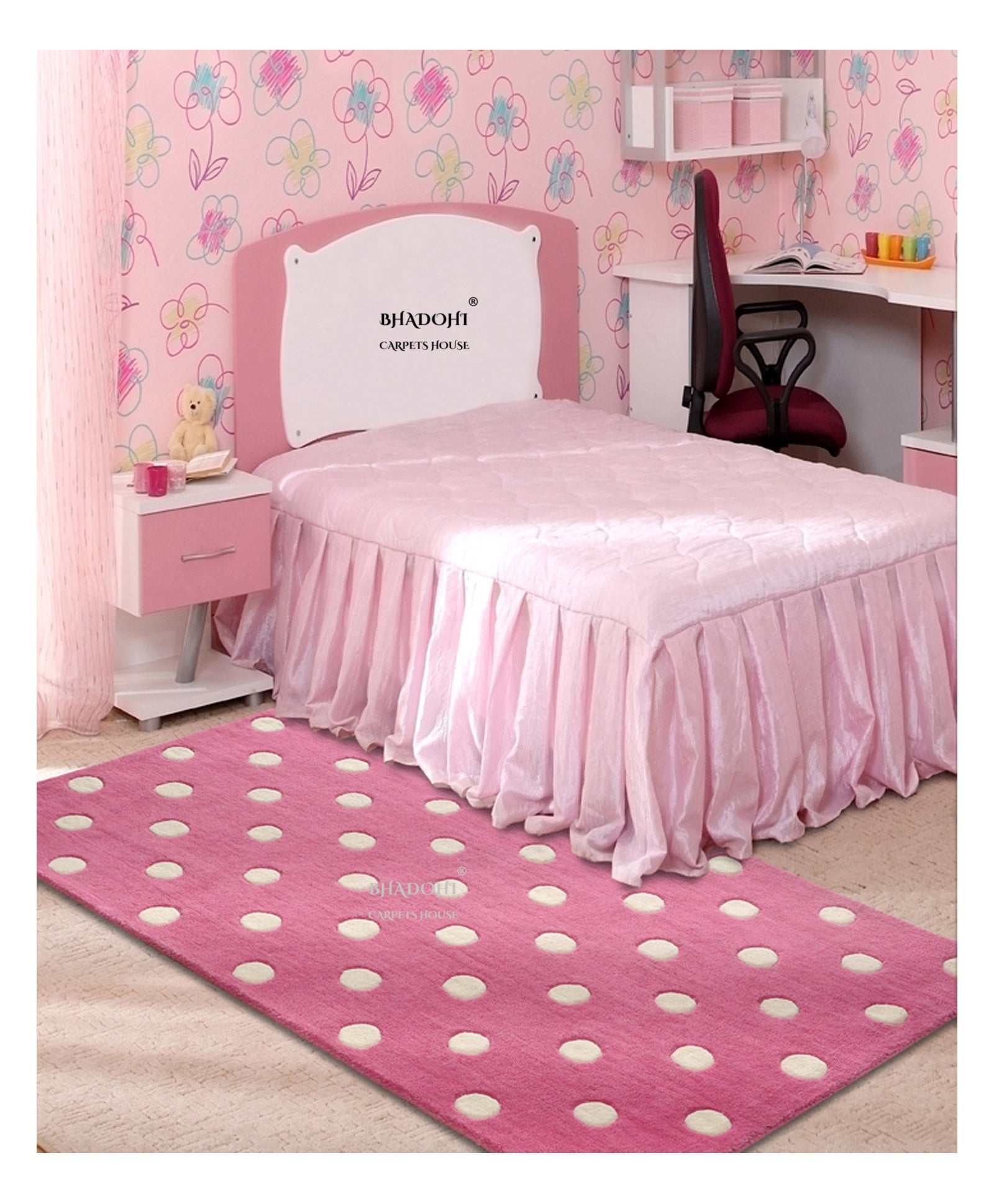 Pink Dots – Handmade Wool Nursery Rug, Baby Room, Kid’s Room, Playroom, Child’s Space Area Rug, Toddler Bedroom Carpets – Perfect for Children's Room Décor