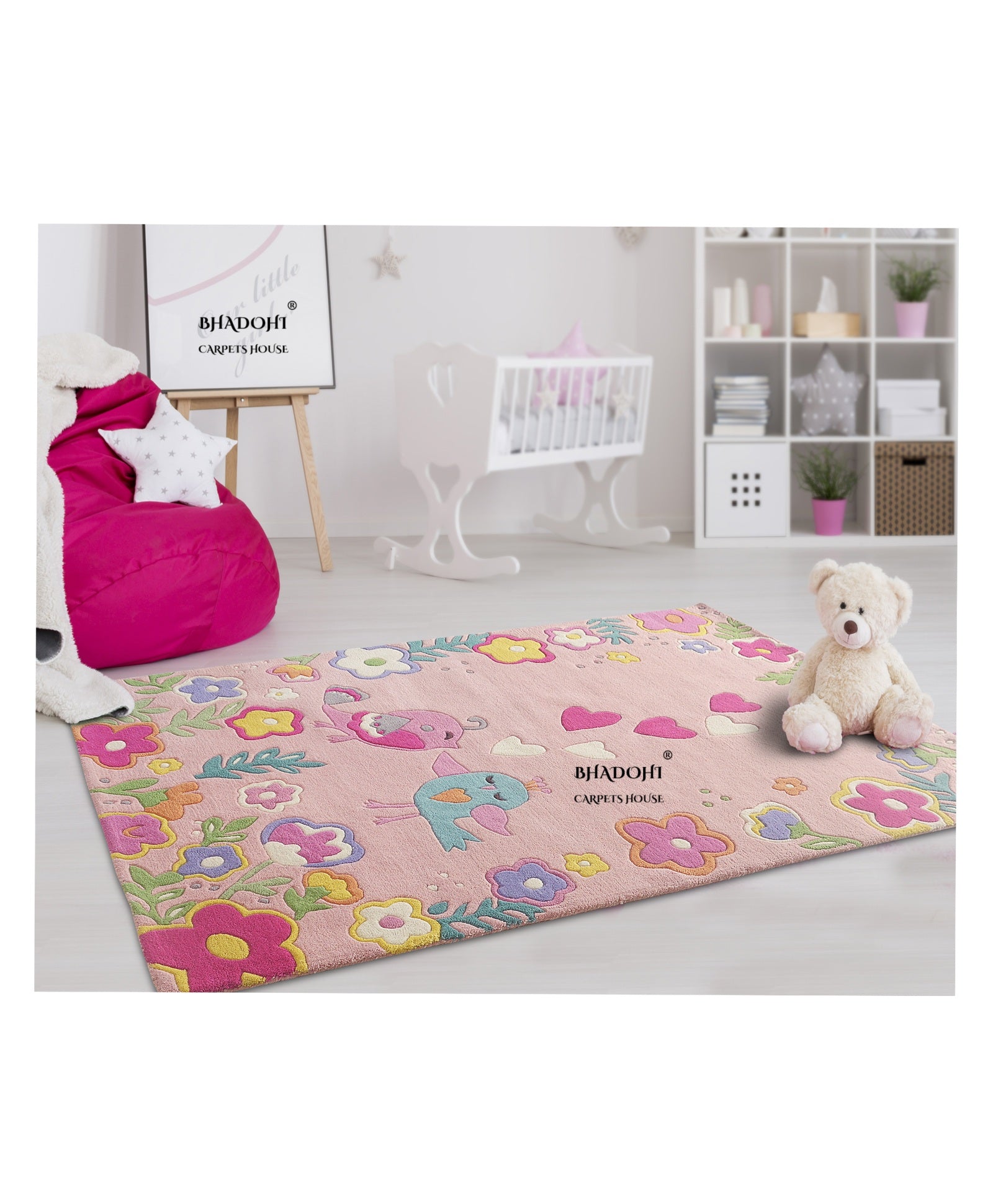 Pink Bird Motif – Handmade Wool Nursery Rug, Baby Room, Kid’s Room, Playroom, Child’s Space Area Rug, Toddler Bedroom Carpets – Perfect for Children's Room Décor