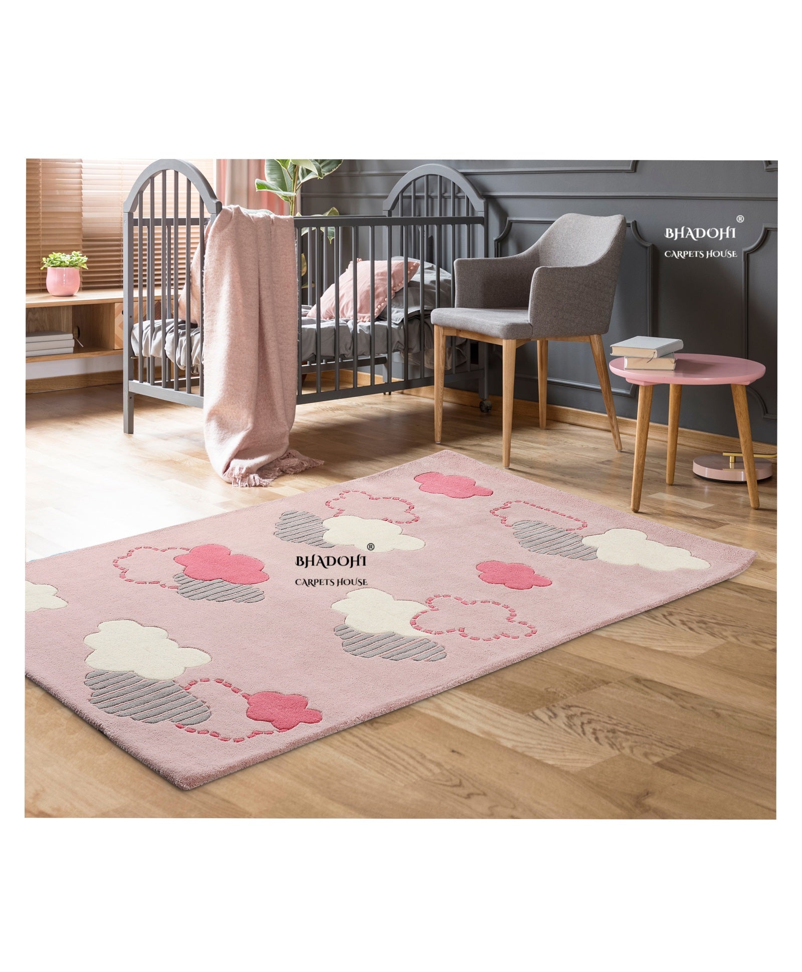 Pink Cloudscape – Handmade Wool Nursery Rug, Baby Room, Kid’s Room, Playroom, Child’s Space Area Rug, Toddler Bedroom Carpets – Perfect for Children's Room Décor