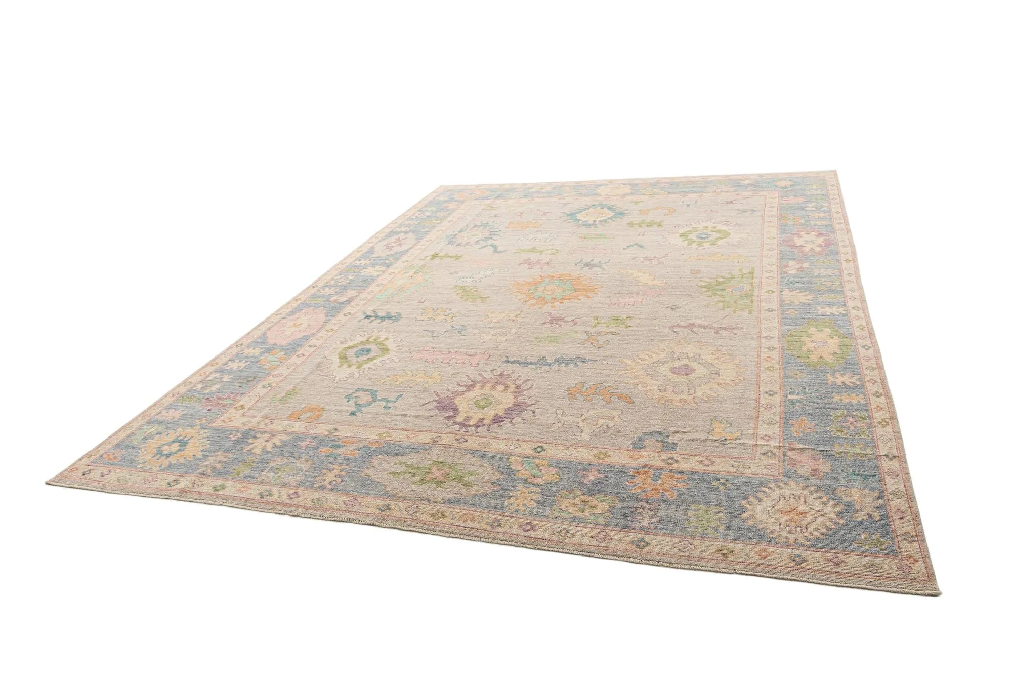 Beige Color Oushak Hand-Knotted Wool Rug