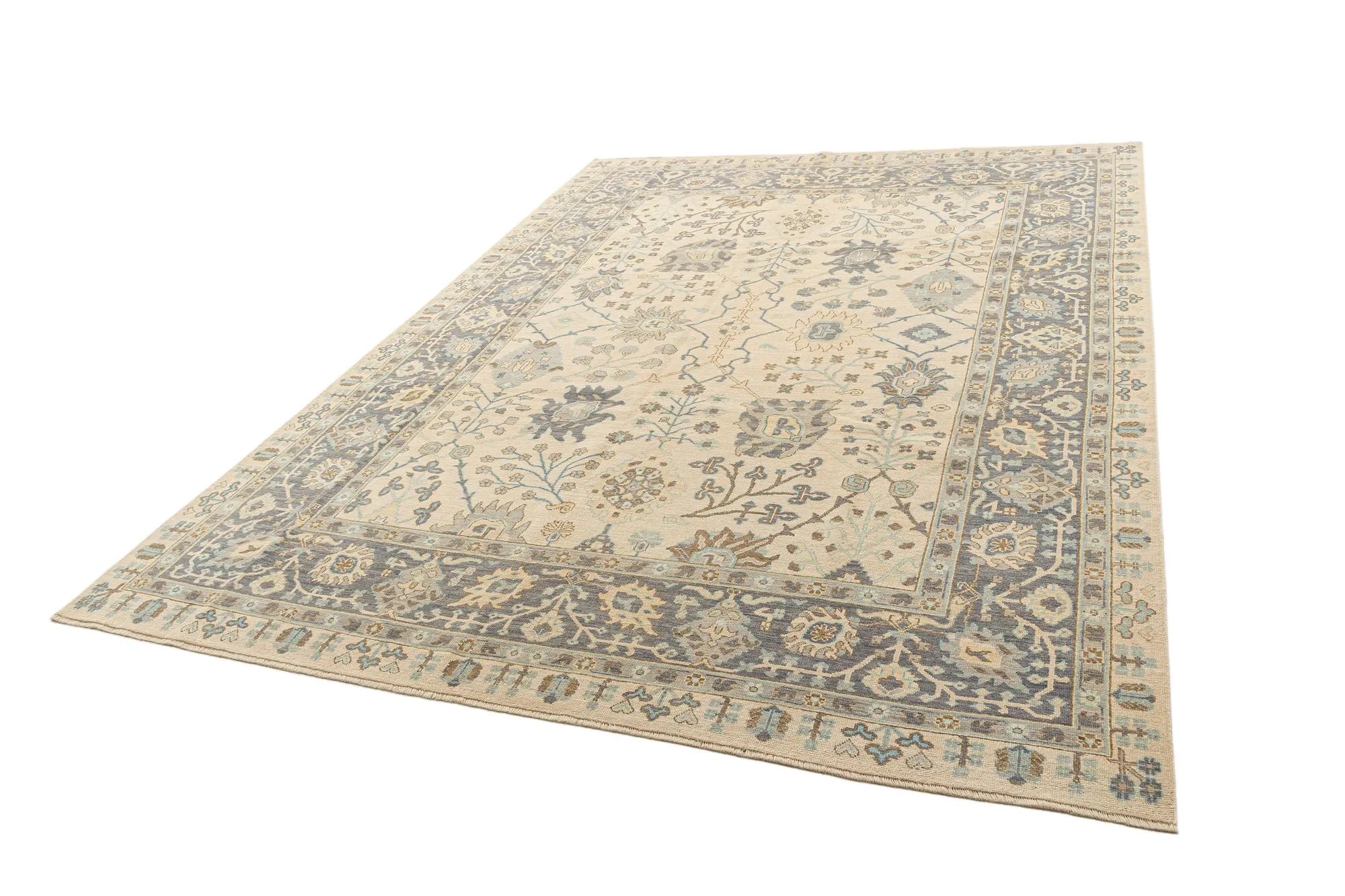 Beige Color Oushak Hand-Knotted Wool Rug