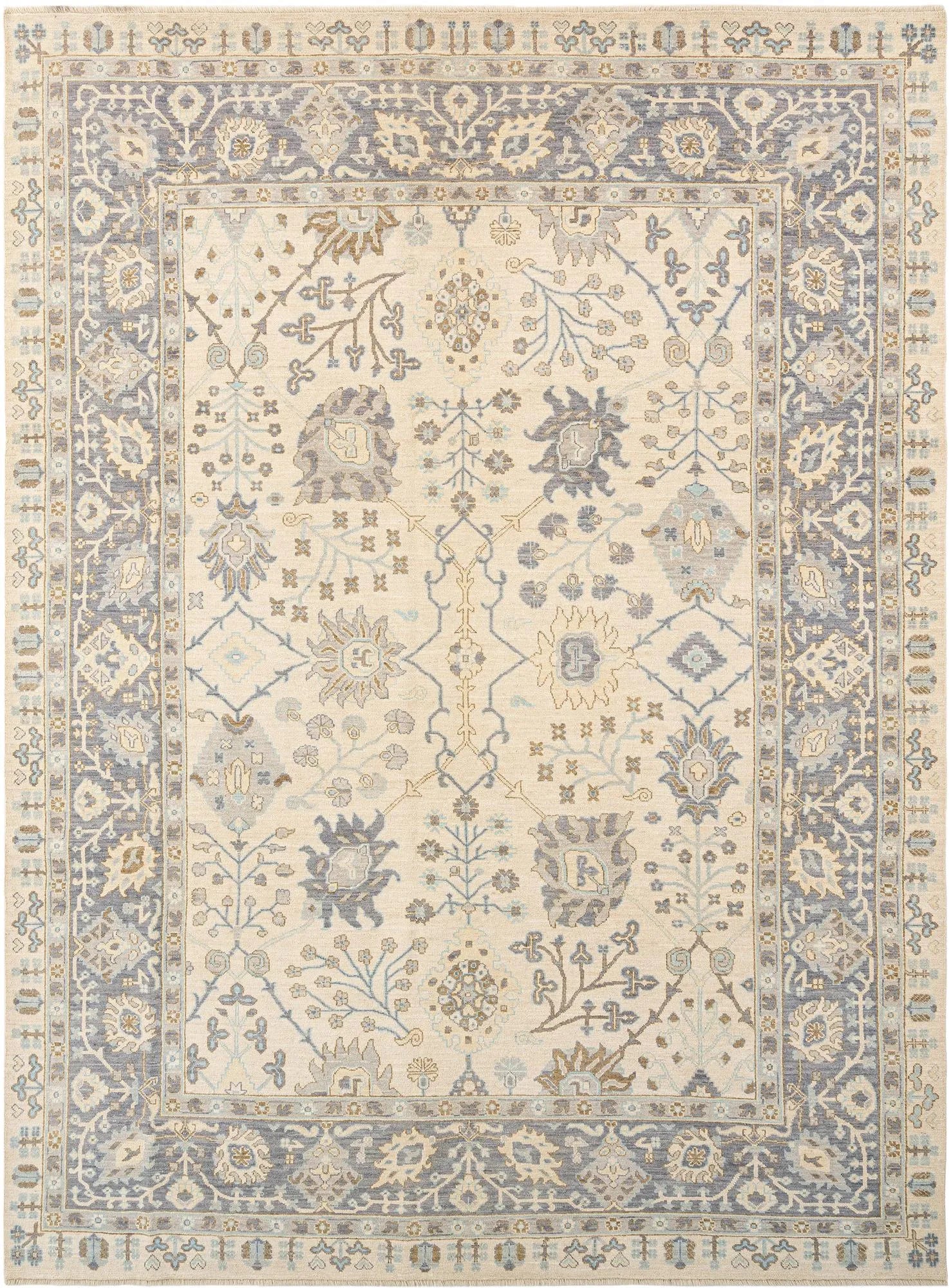 Beige Color Oushak Hand-Knotted Wool Rug