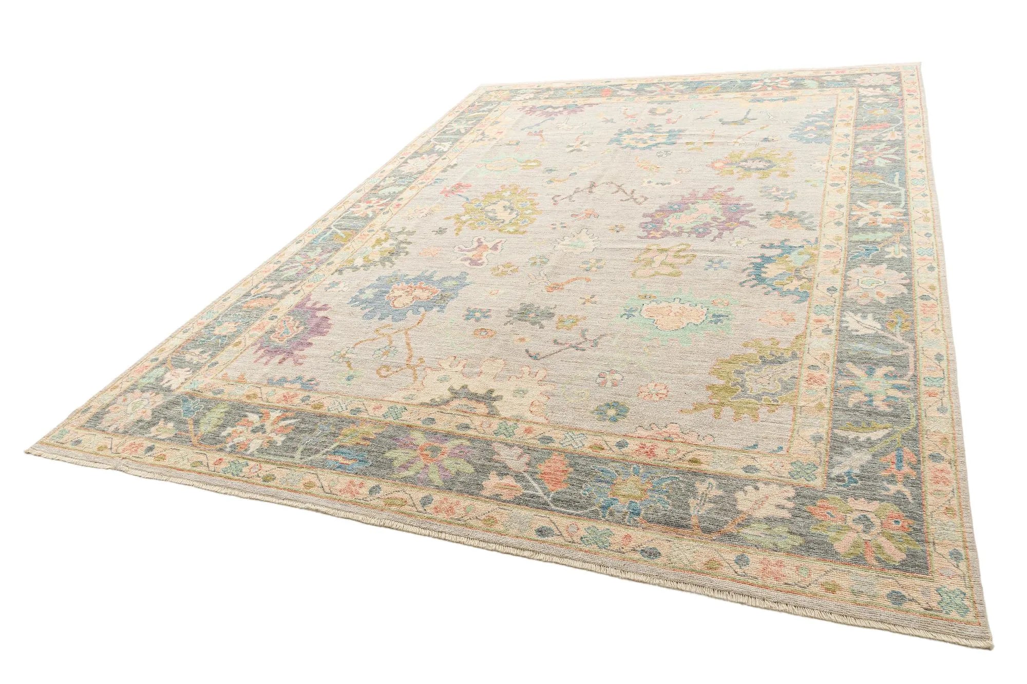 Beige Color Oushak Hand-Knotted Wool Rug