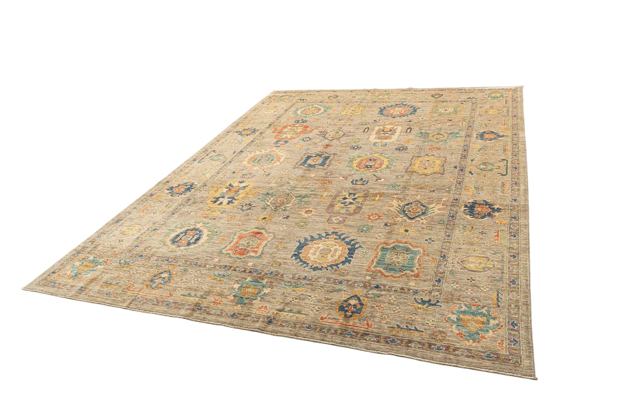 Beige Color Oushak Hand-Knotted Wool Rug