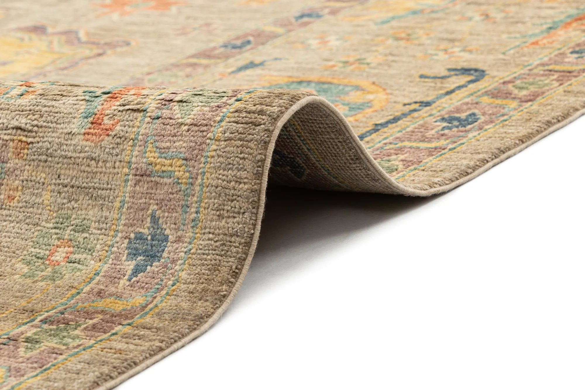 Beige Color Oushak Hand-Knotted Wool Rug
