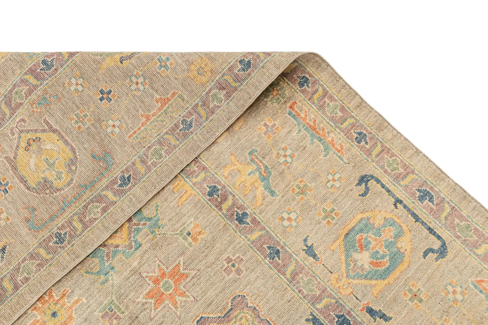 Beige Color Oushak Hand-Knotted Wool Rug