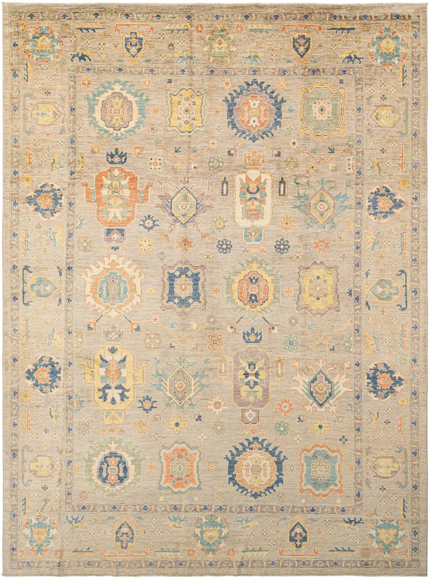 Beige Color Oushak Hand-Knotted Wool Rug