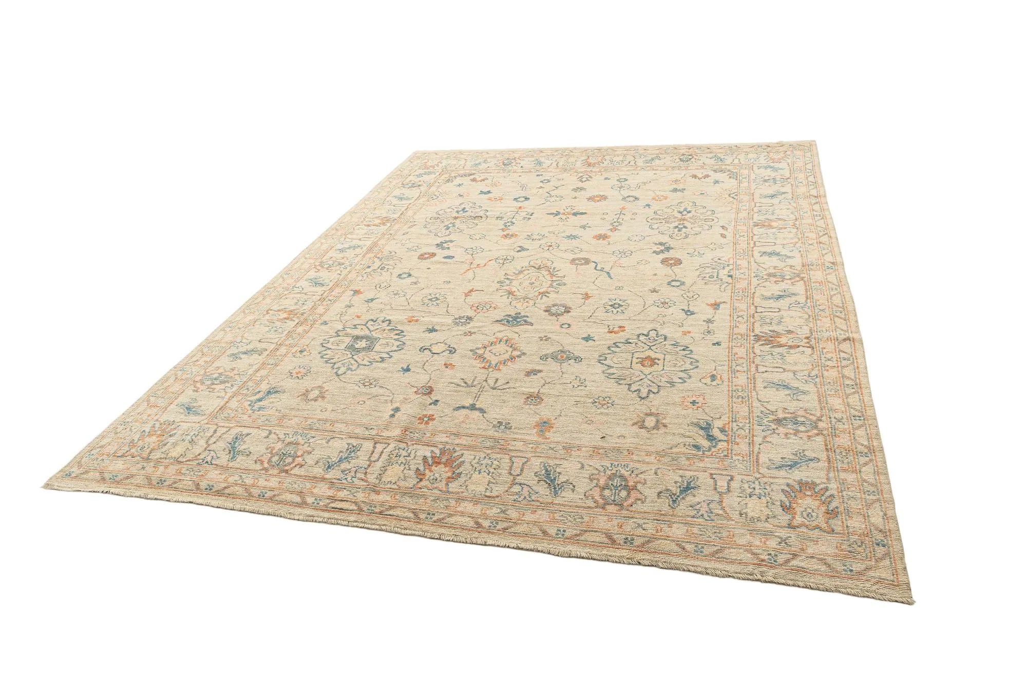 Beige Color Oushak Hand-Knotted Wool Rug