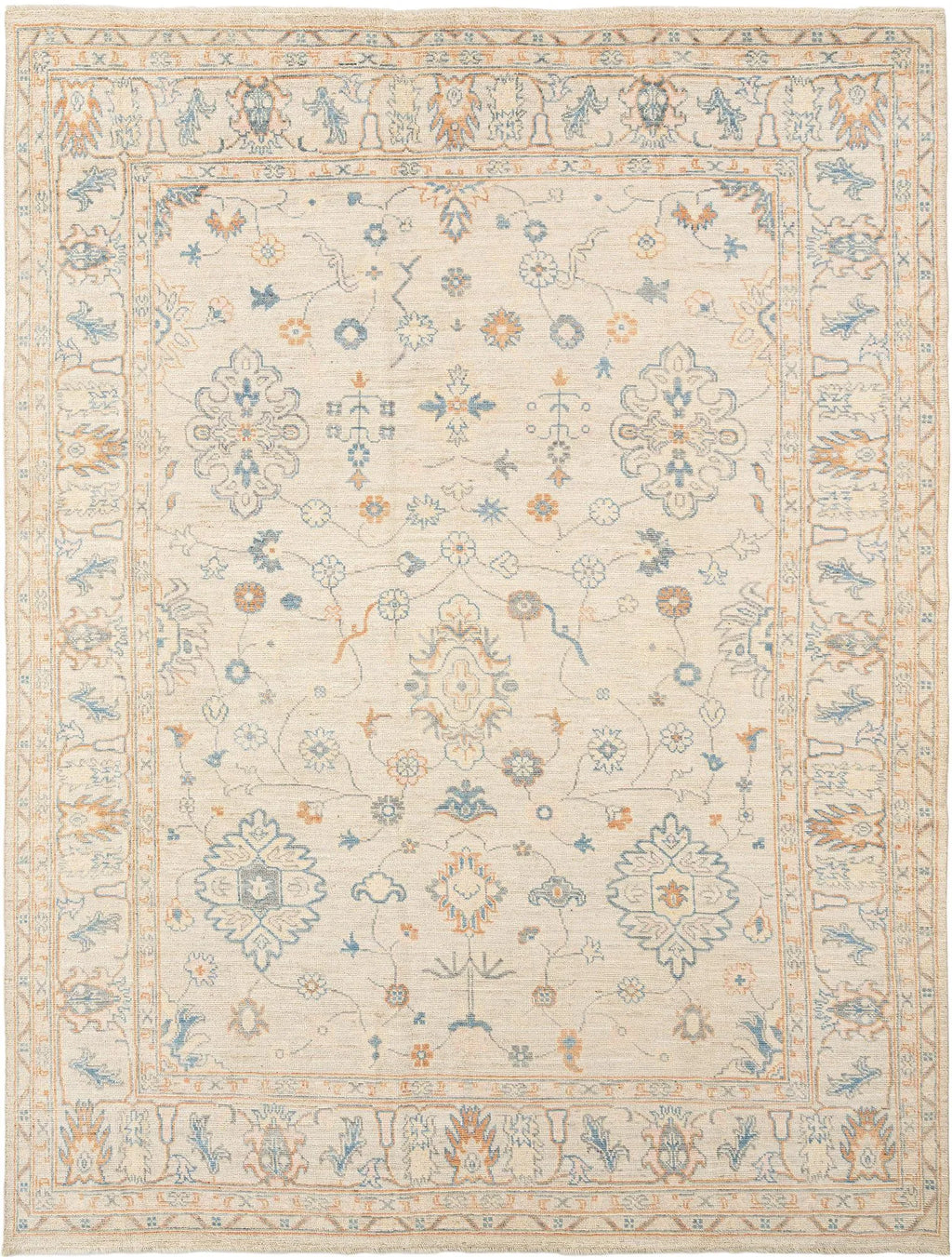 Beige Color Oushak Hand-Knotted Wool Rug