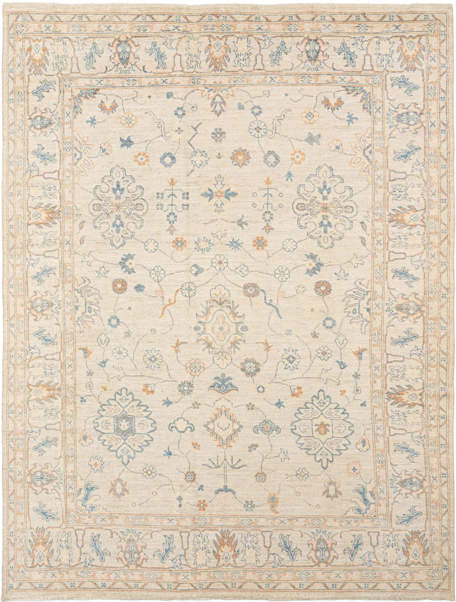 Beige Color Oushak Hand-Knotted Wool Rug