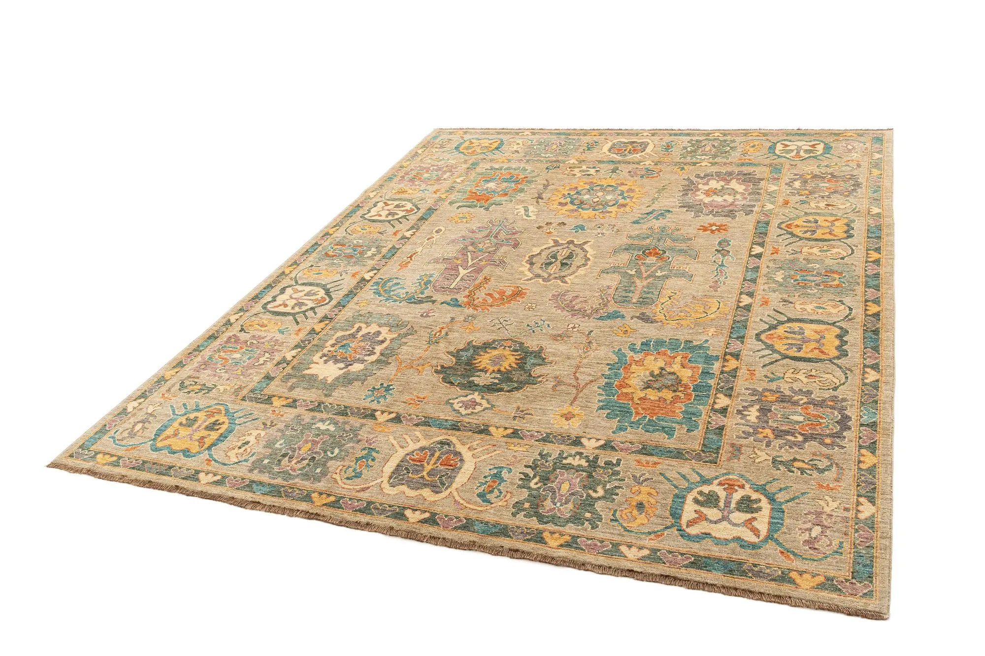 Beige Color Oushak Hand-Knotted Wool Rug