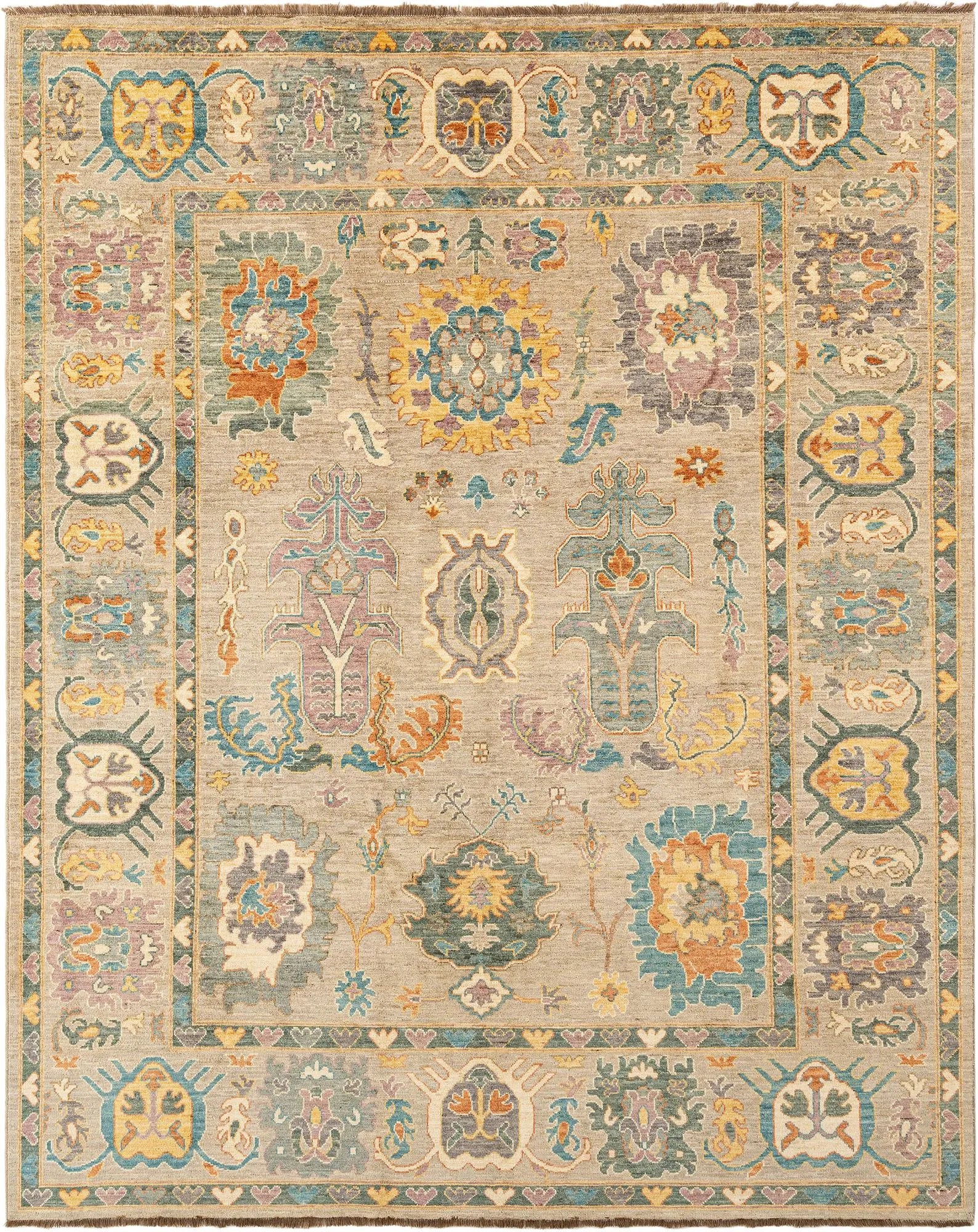 Beige Color Oushak Hand-Knotted Wool Rug