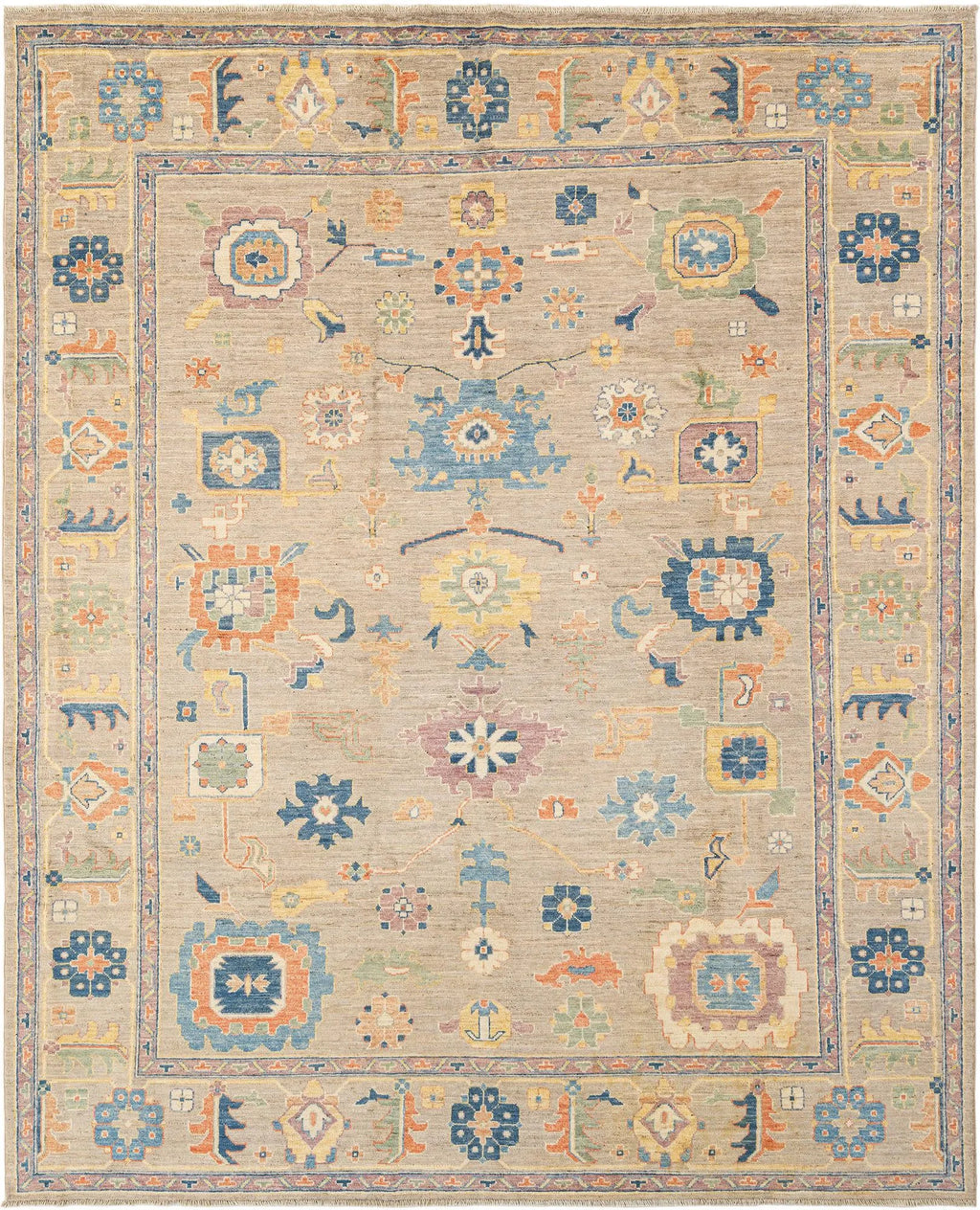 Beige Color Oushak Hand-Knotted Wool Rug