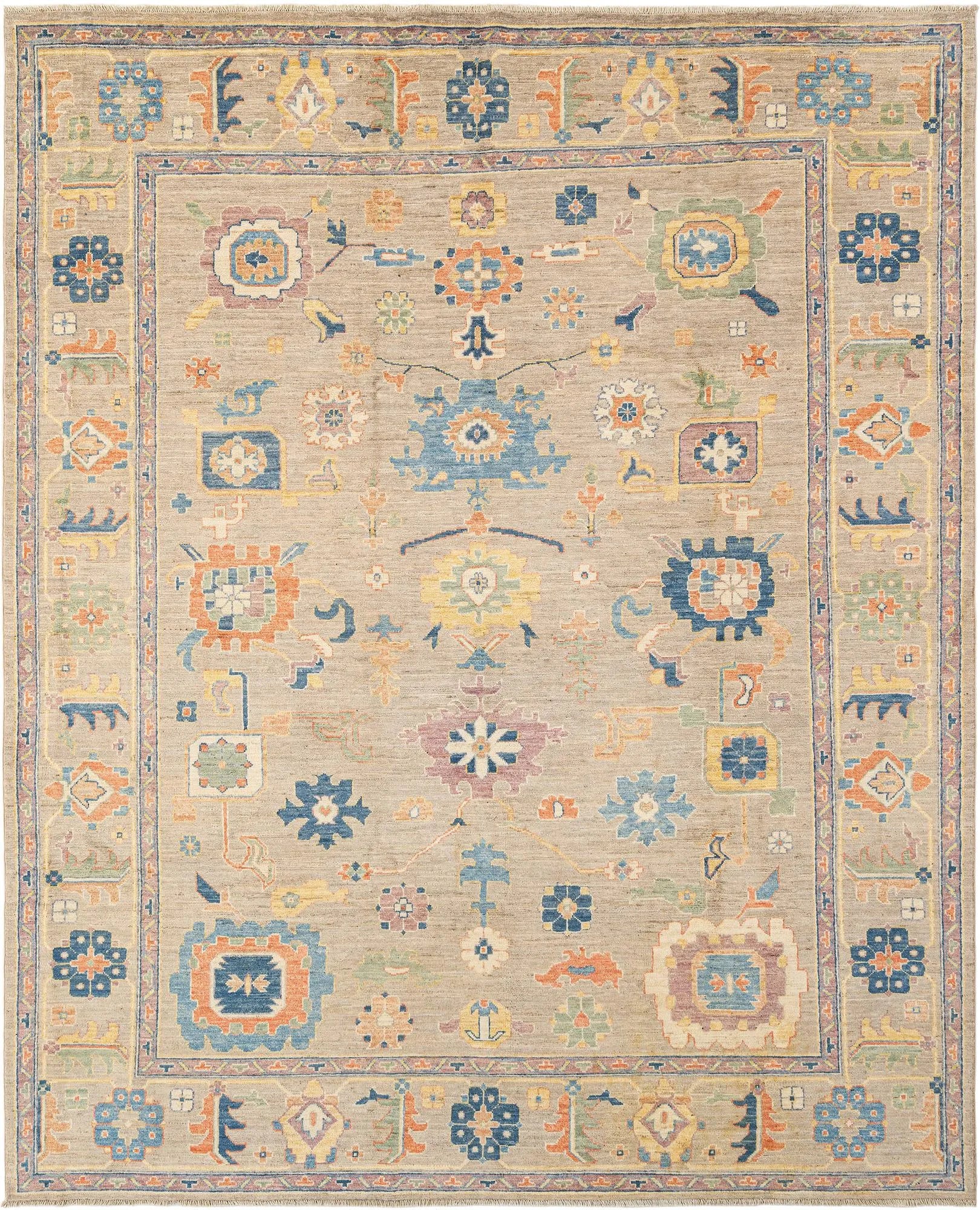 Beige Color Oushak Hand-Knotted Wool Rug
