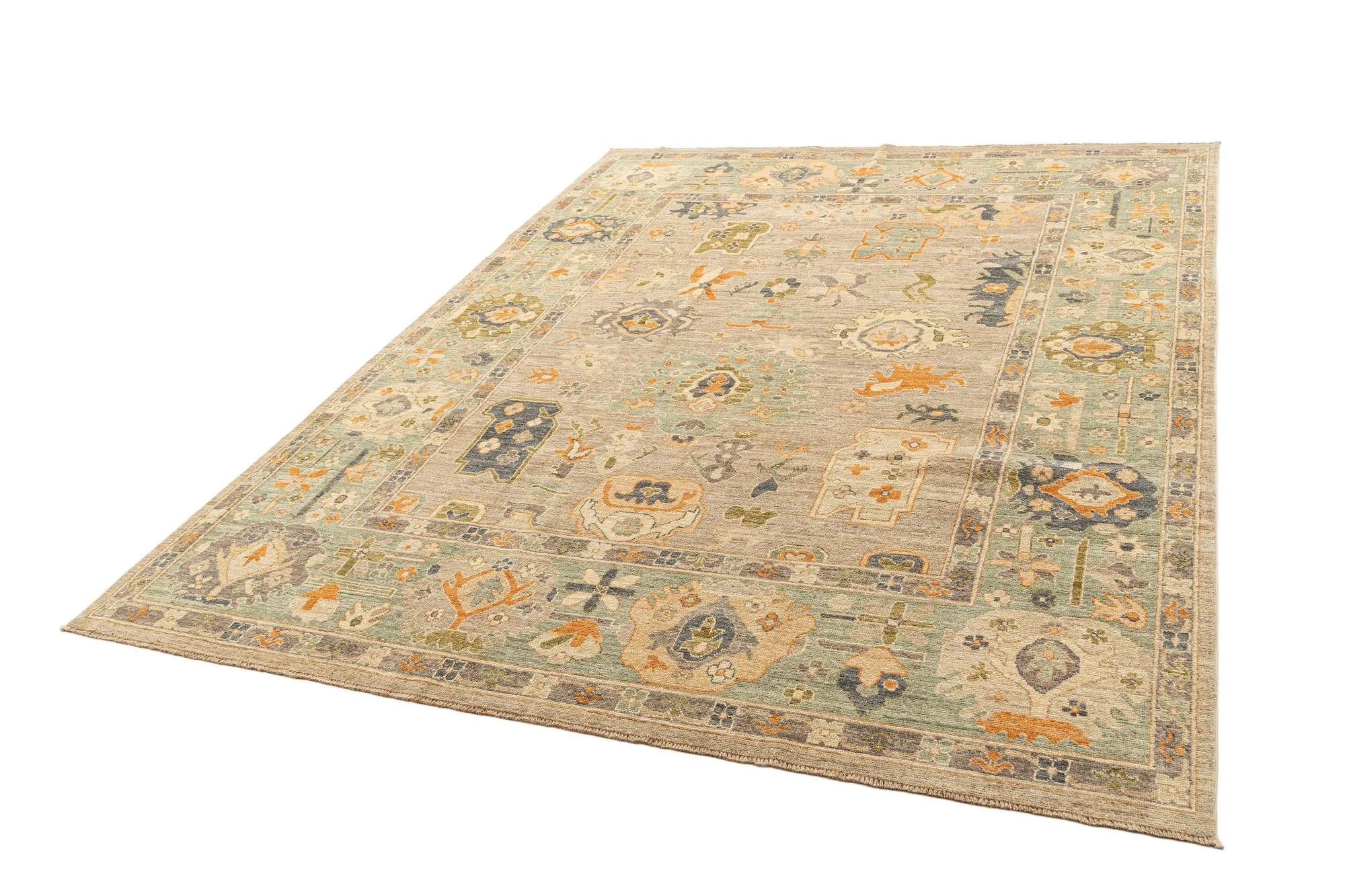 Beige Color Oushak Hand-Knotted Wool Rug