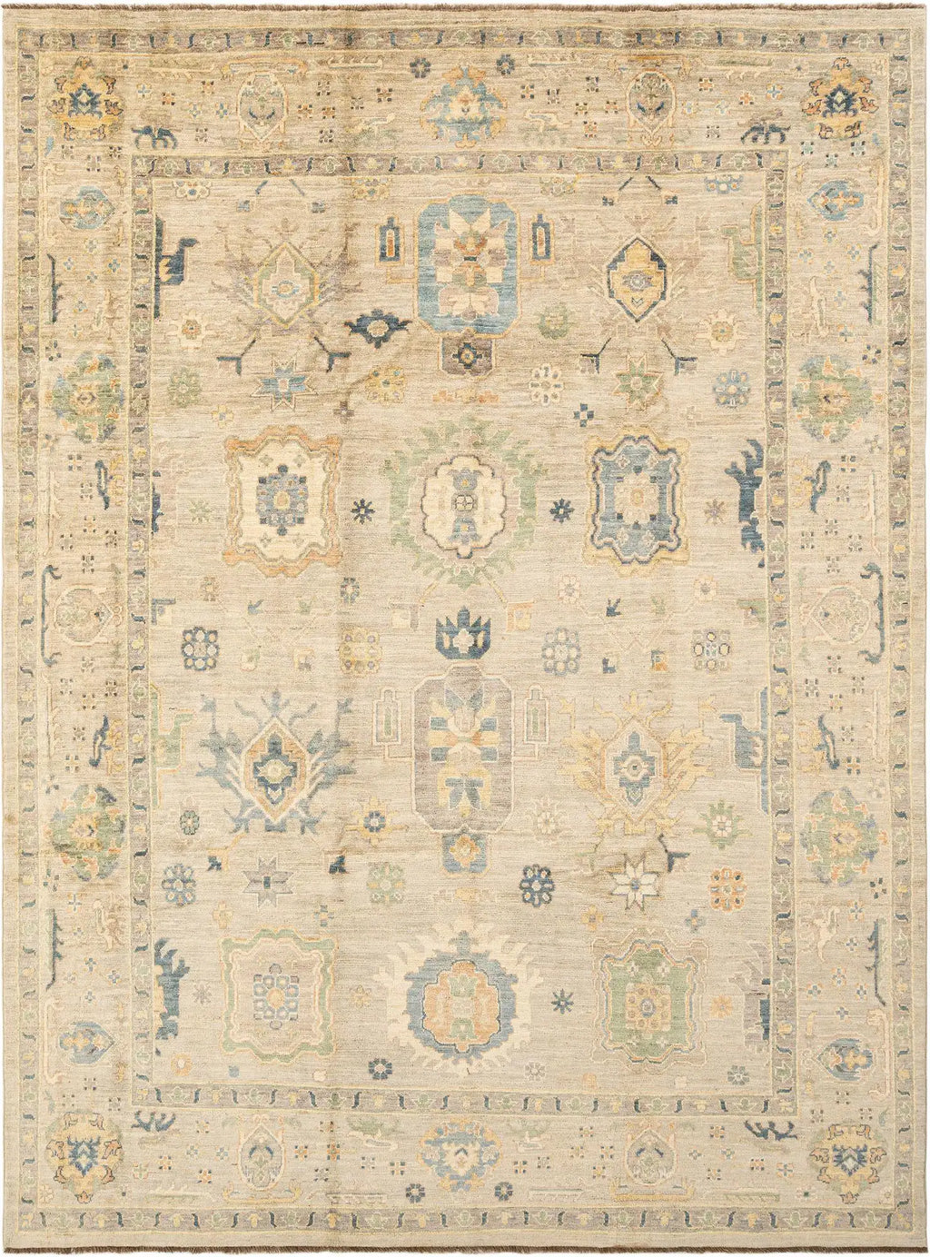 Beige Color Oushak Hand-Knotted Wool Rug