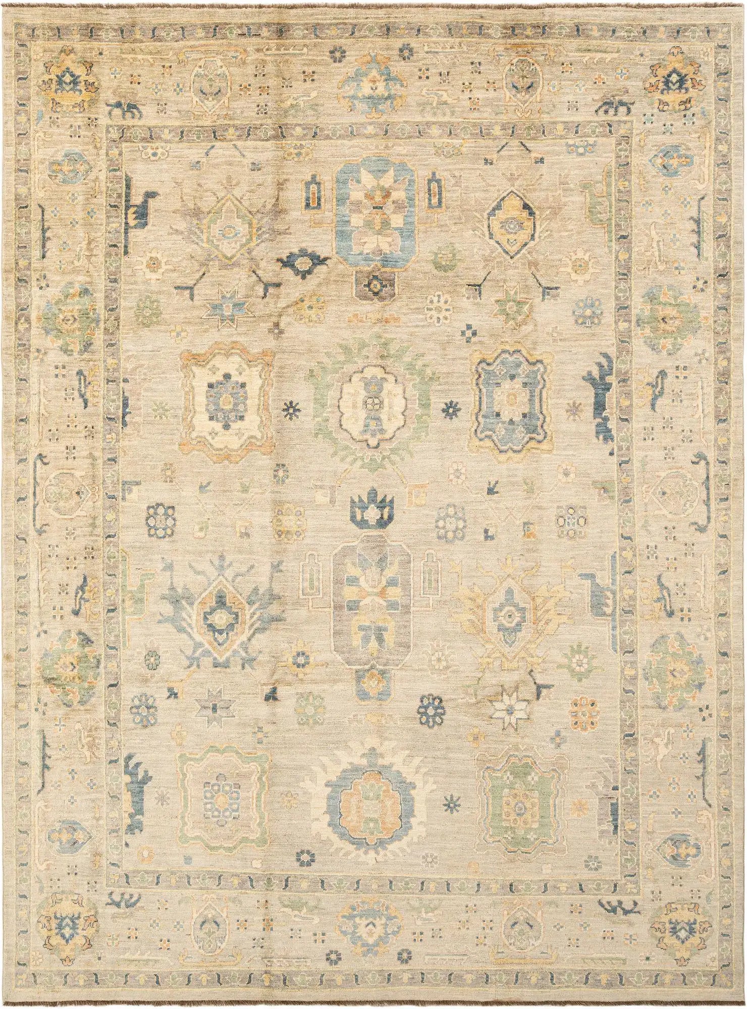 Beige Color Oushak Hand-Knotted Wool Rug