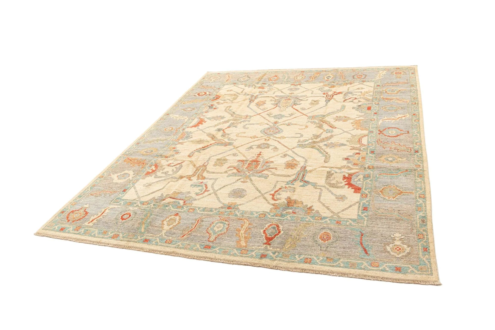Beige Color Oushak Hand-Knotted Wool Rug