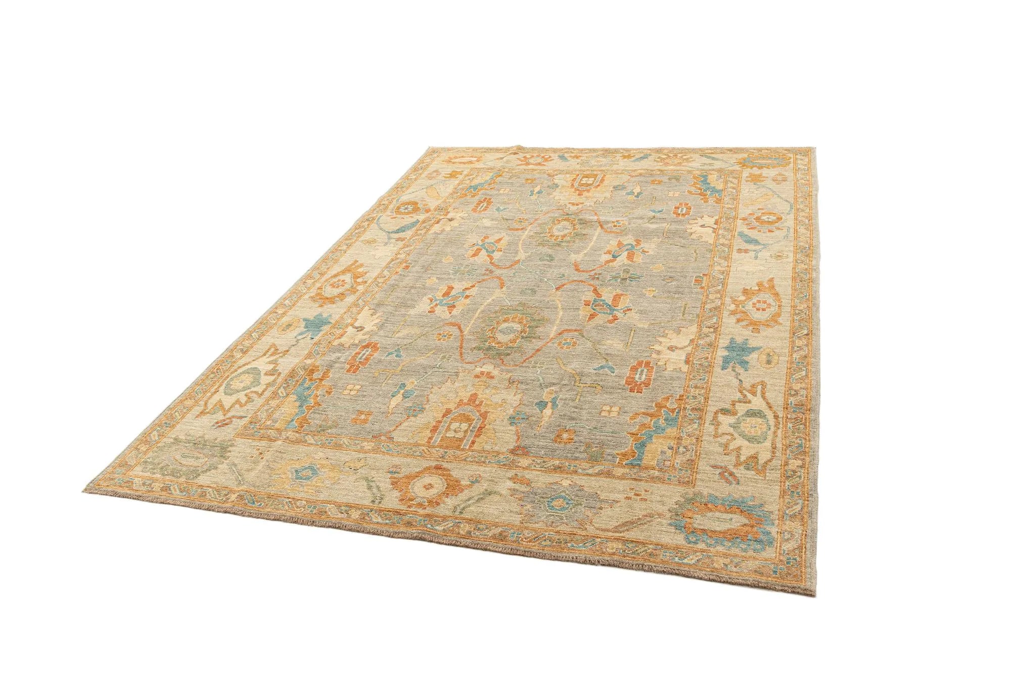 Beige Color Oushak Hand-Knotted Wool Rug