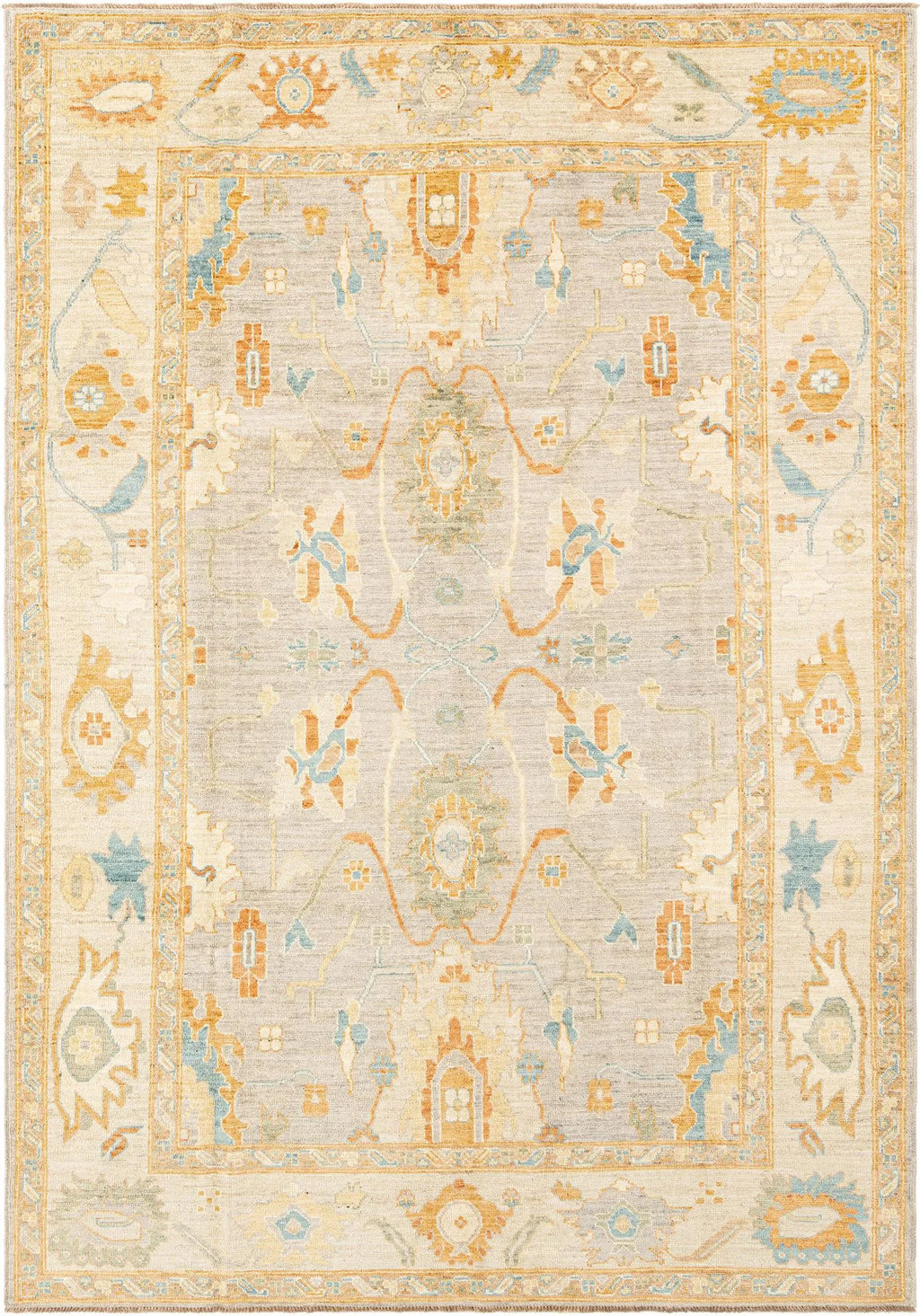 Beige Color Oushak Hand-Knotted Wool Rug