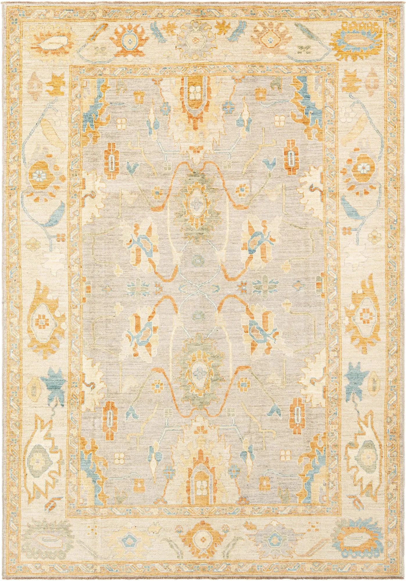 Beige Color Oushak Hand-Knotted Wool Rug