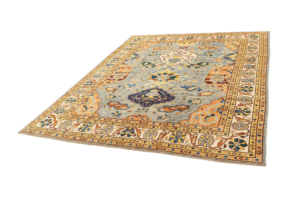 Grey & Gold Color Oushak Hand-Knotted Wool Rug