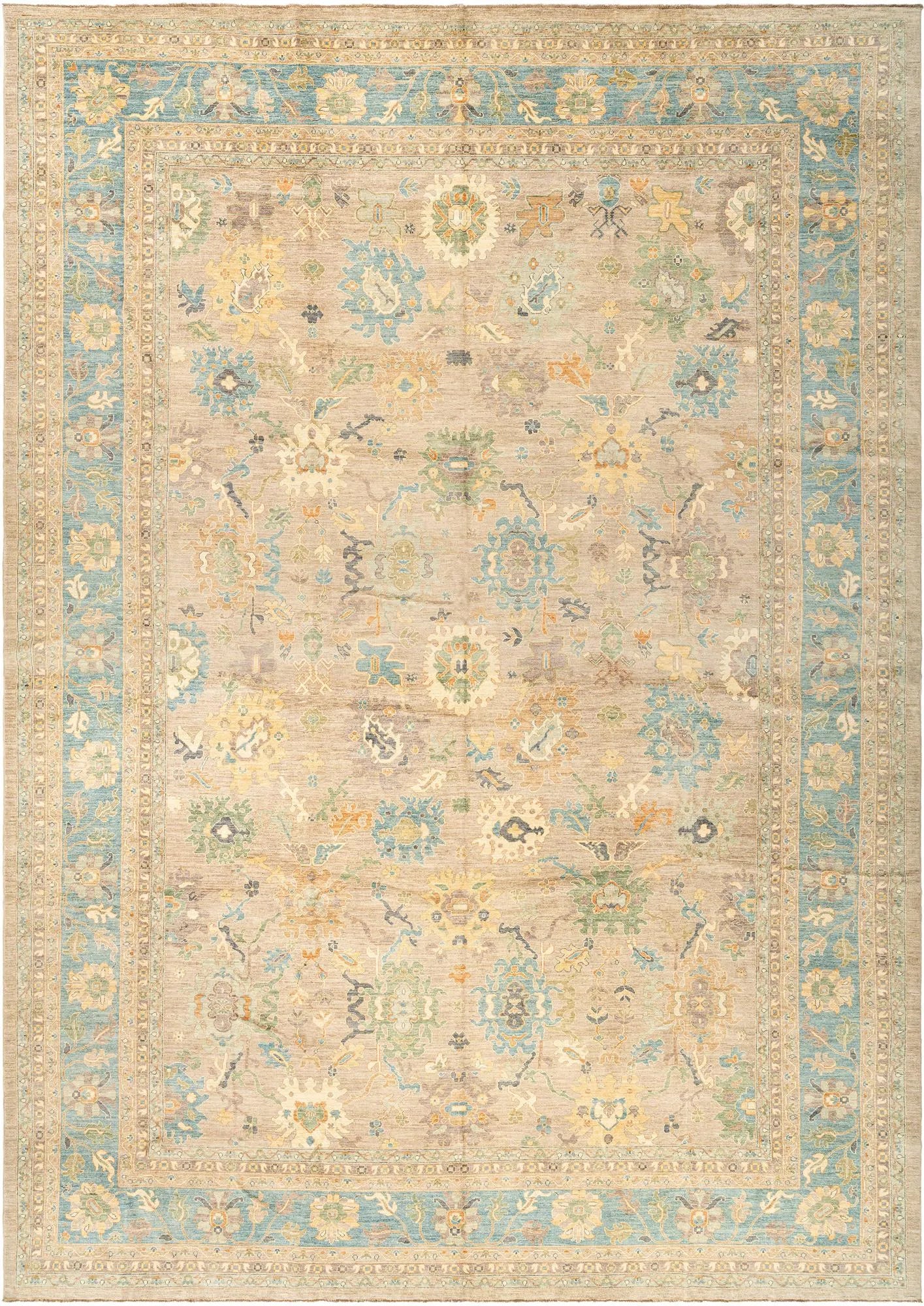 Beige Color Oushak Hand-Knotted Wool Rug