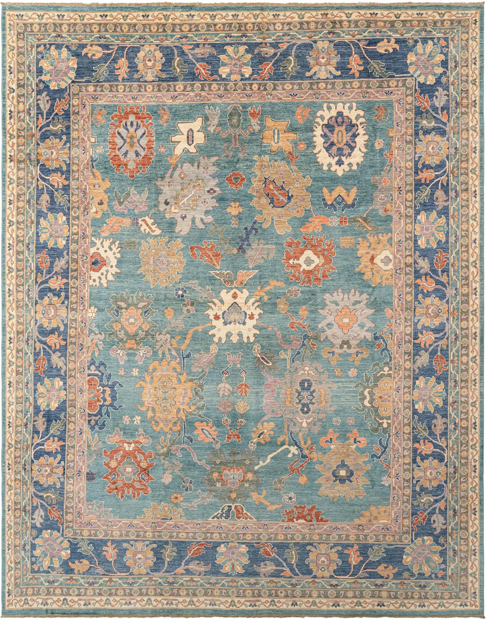 Blue Color Oushak Hand-Knotted Wool Rug