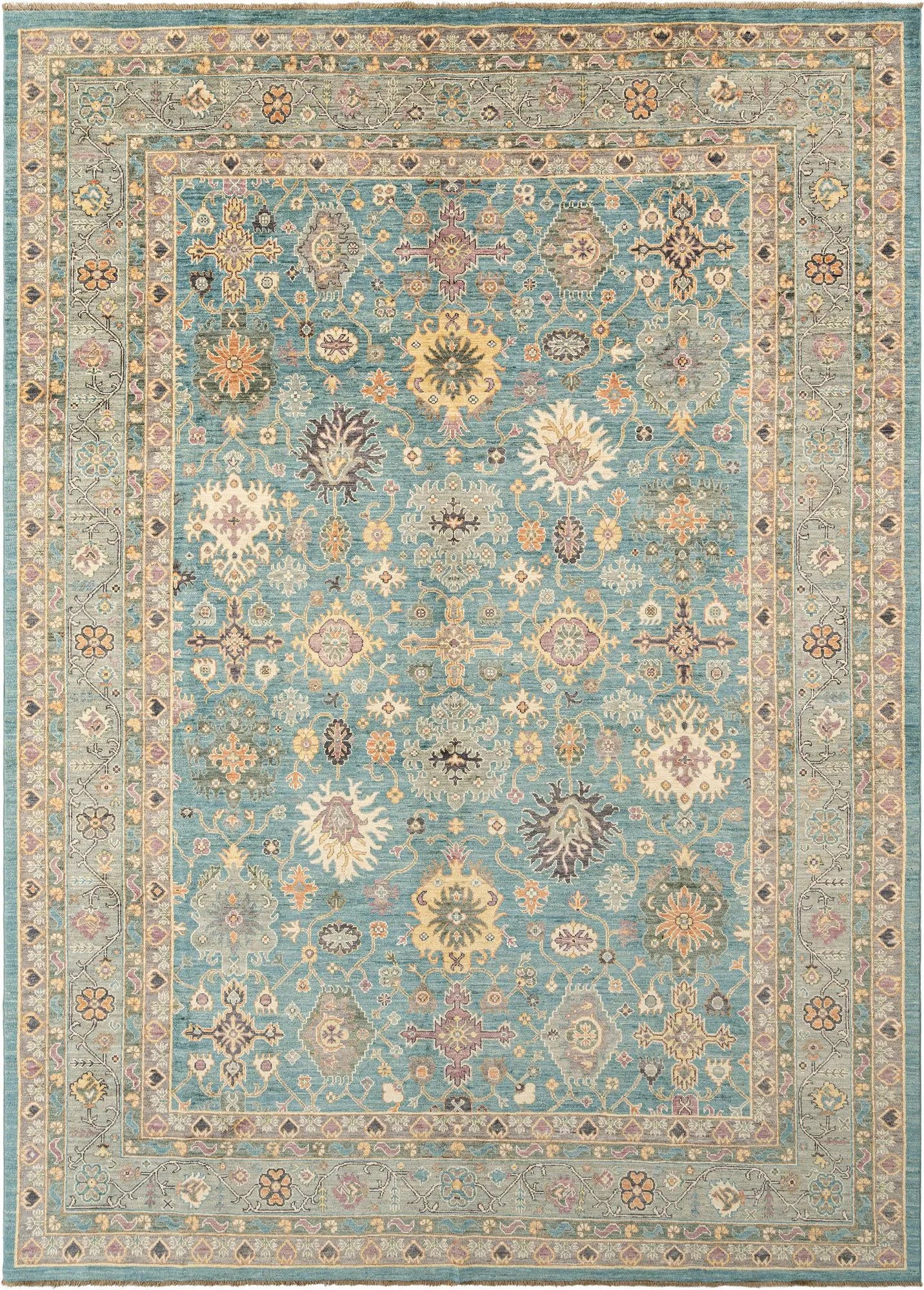 Blue Color Oushak Hand-Knotted Wool Rug