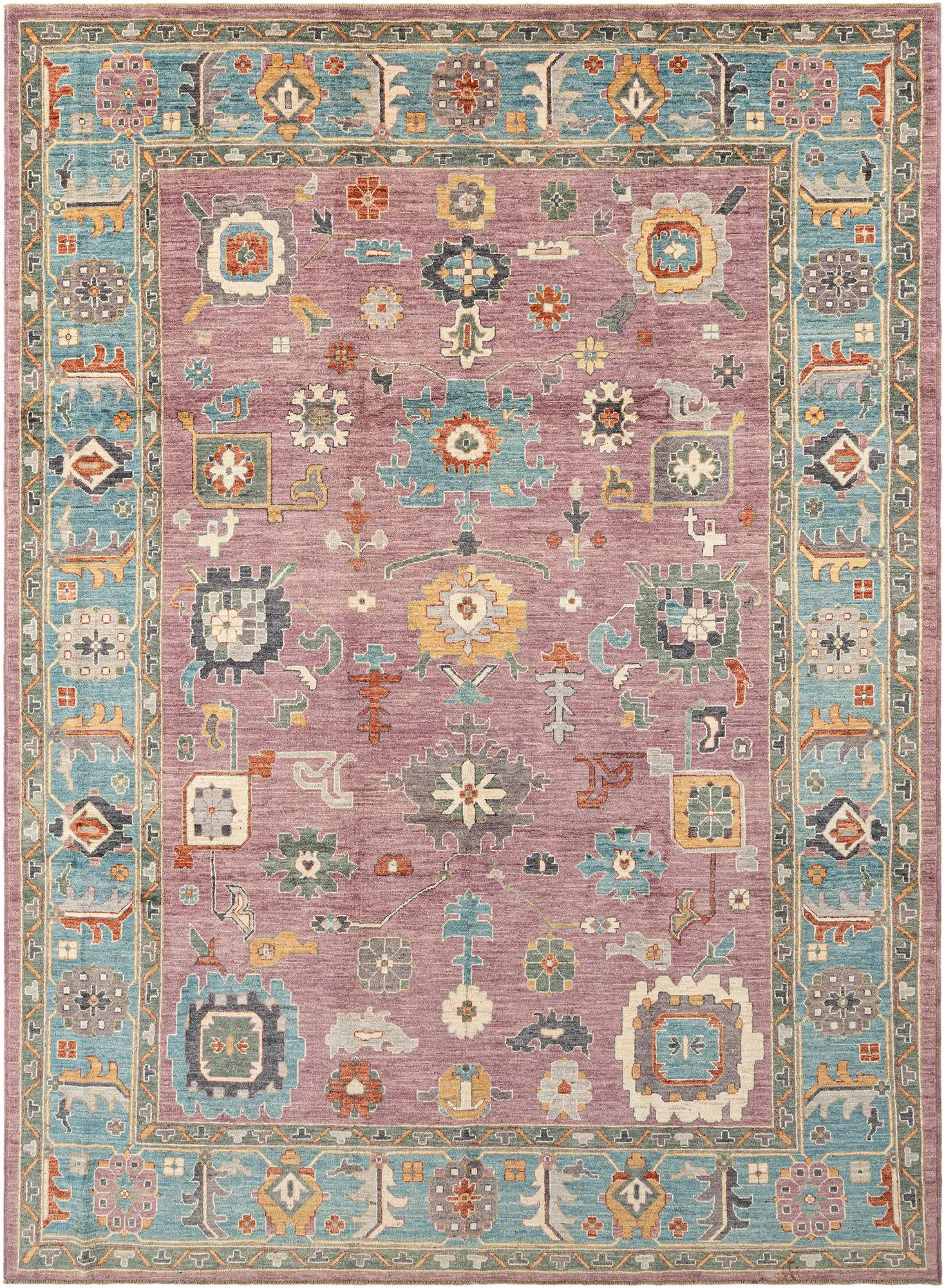 Mauve Pink Color Oushak Hand-Knotted Wool Rug
